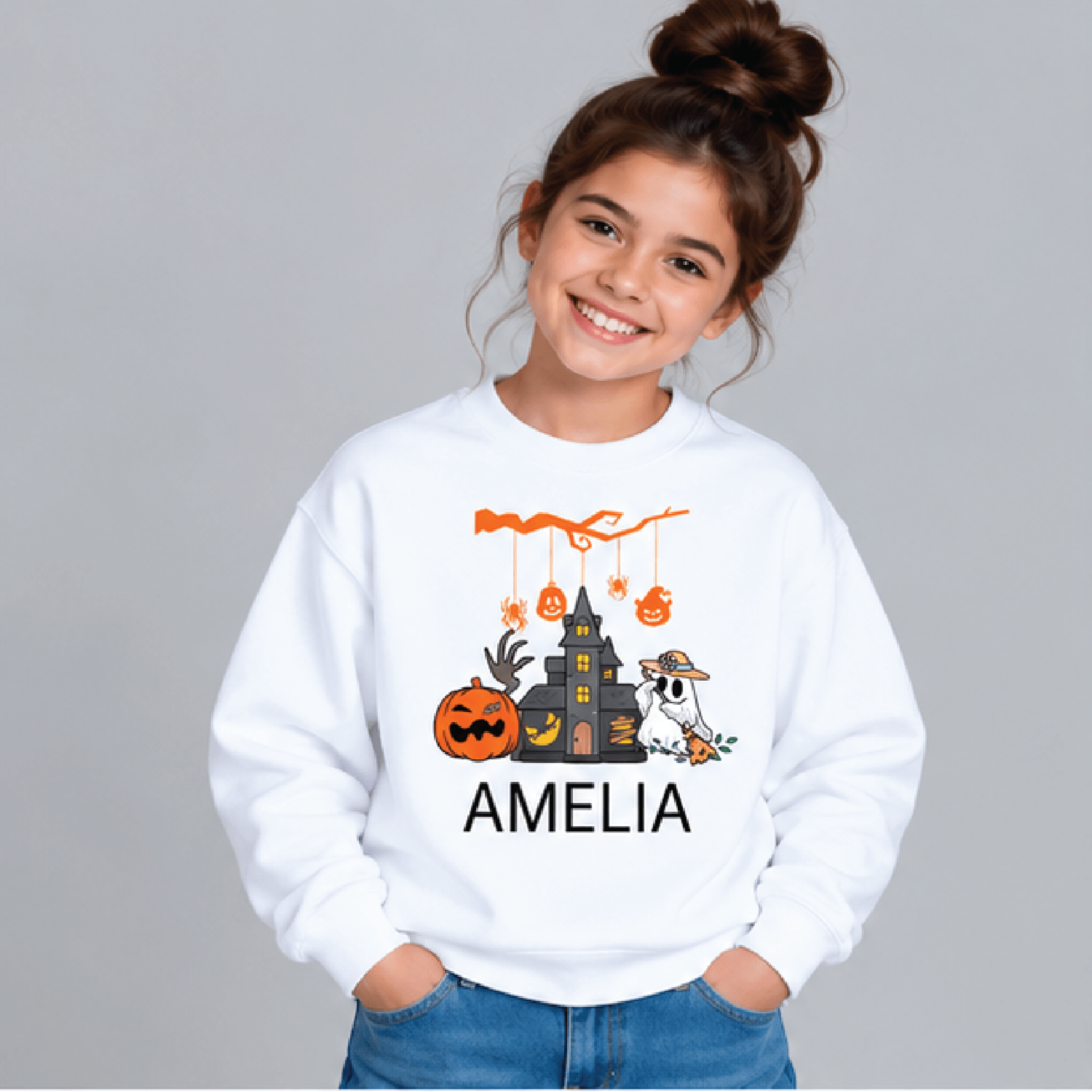 personalized haunted house ghost sweatshirt, kids youth unisex custom name crewneck, pumpkin spooky halloween sweater