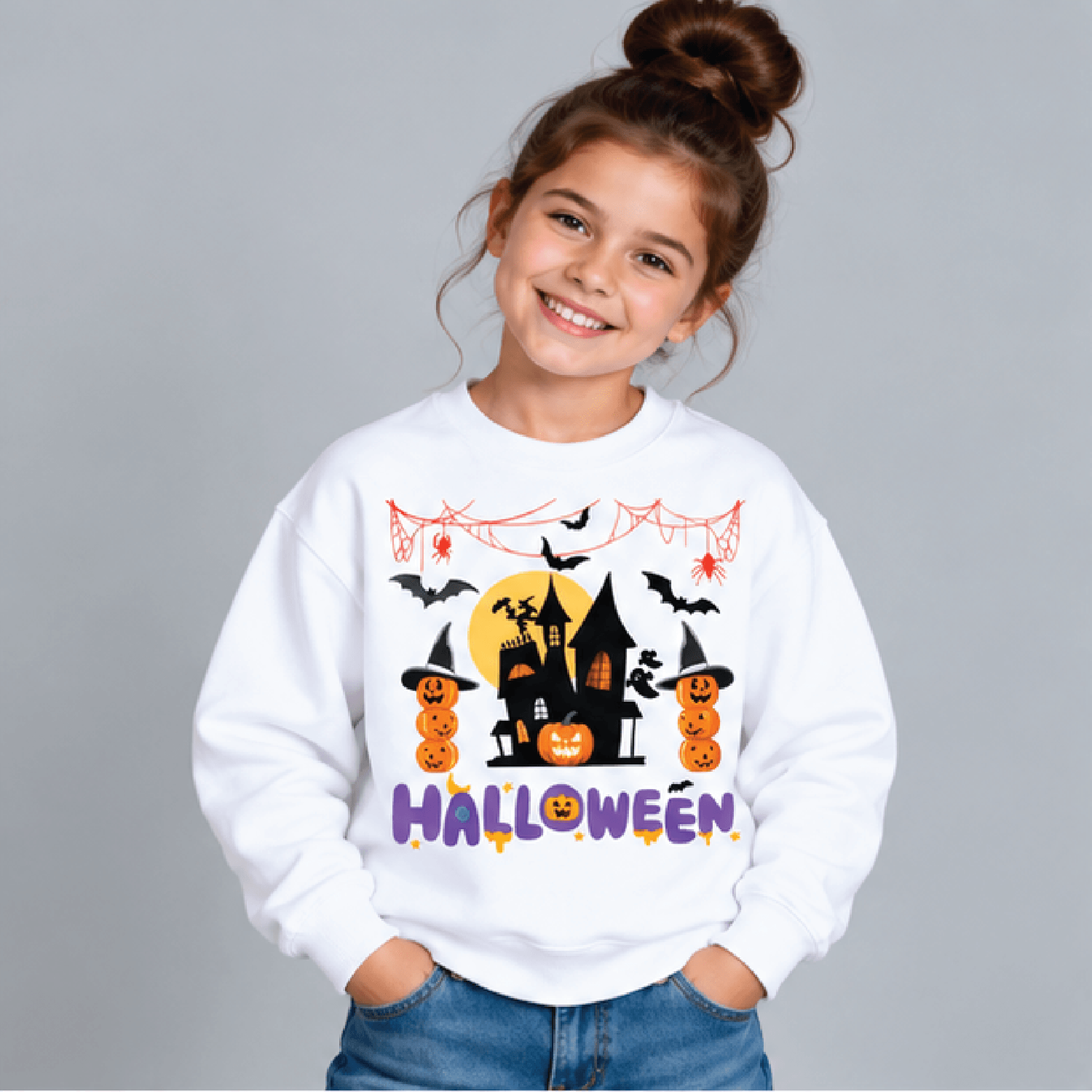 halloween haunted house sweatshirt, kids youth unisex pumpkin bat crewneck, spooky trick or treat fall sweater gift
