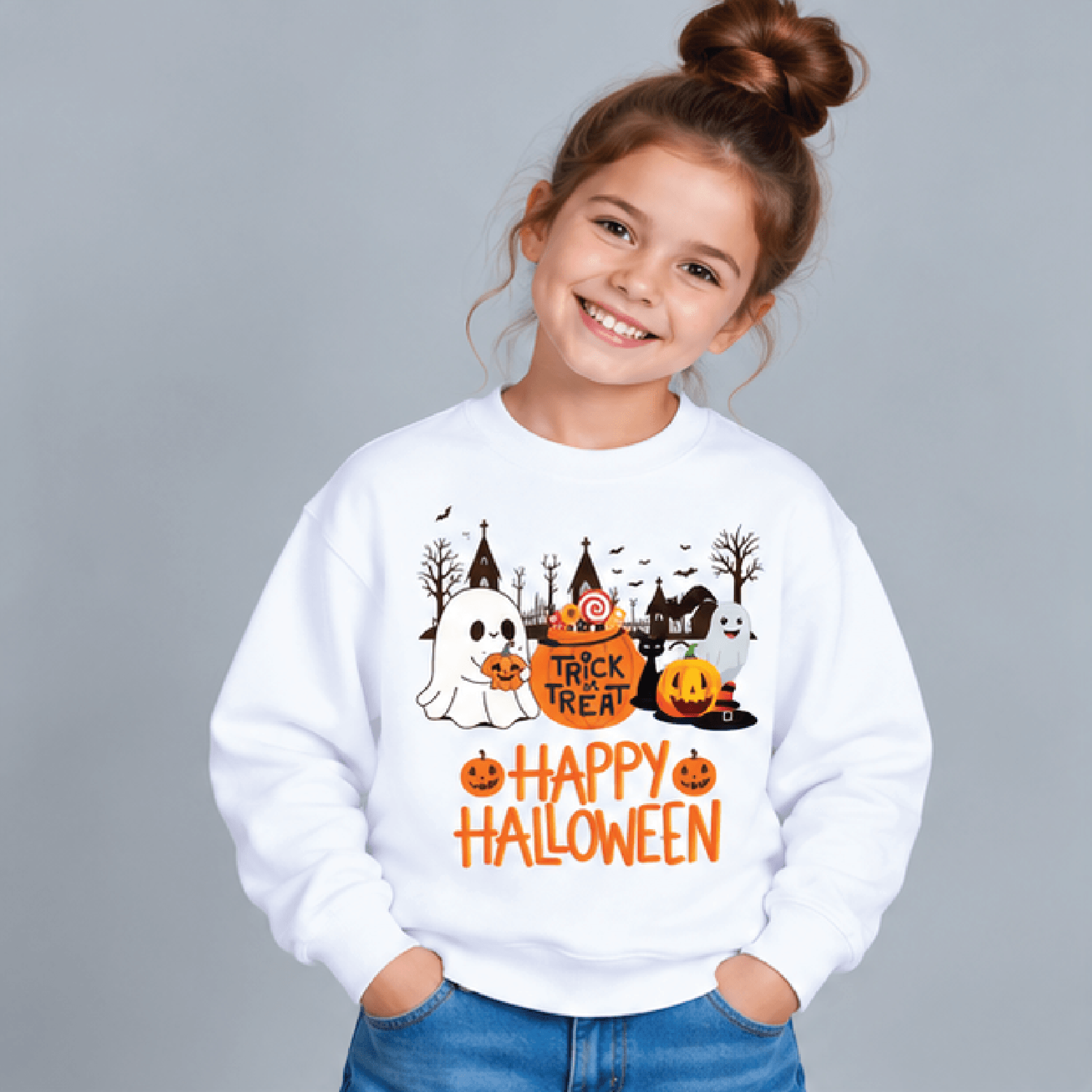 trick or treat halloween sweatshirt, kids youth unisex ghost pumpkin candy crewneck, cute happy halloween spooky sweater
