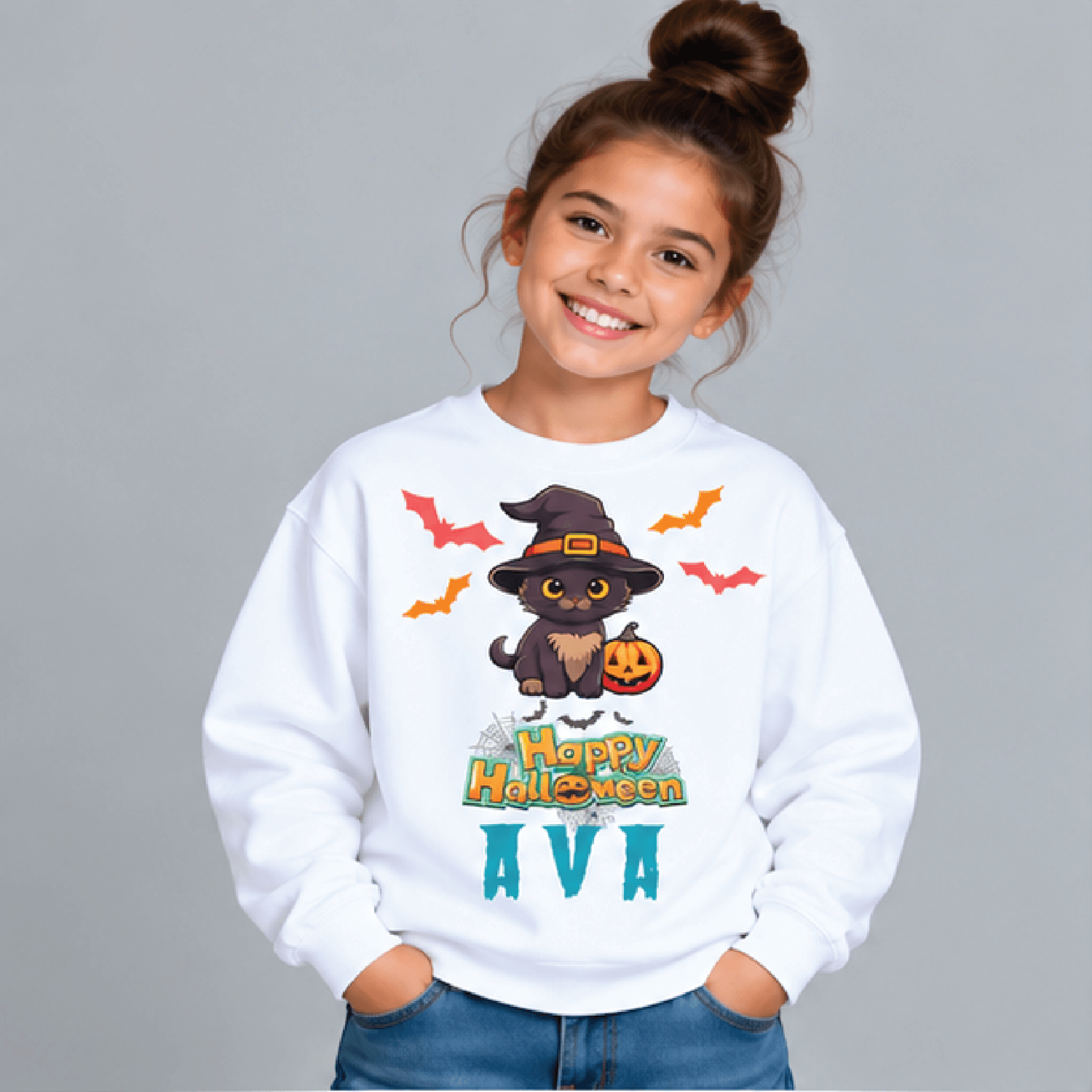 personalized black cat halloween sweatshirt, kids youth unisex custom name crewneck, witch cat pumpkin spooky sweater