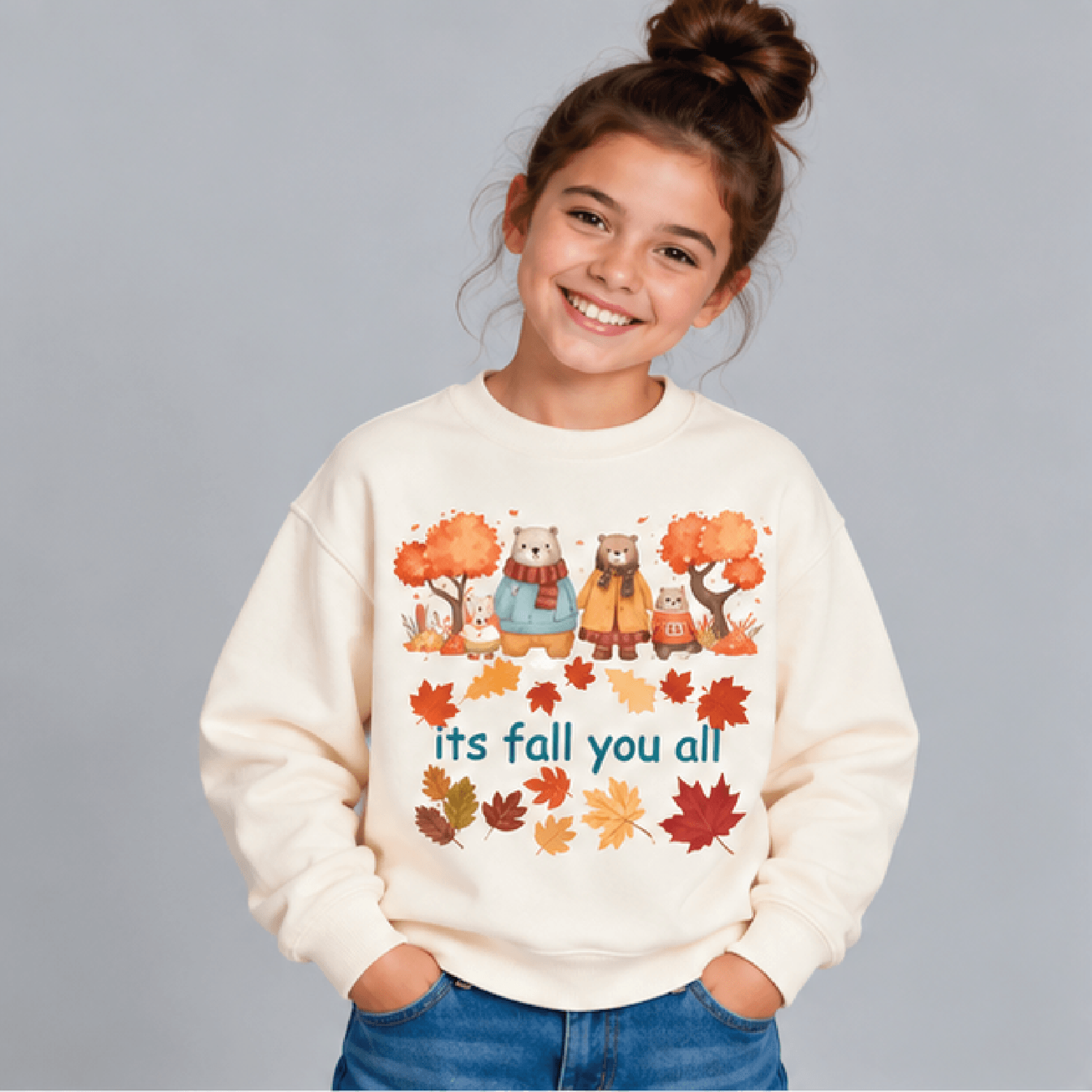 autumn bear family sweatshirt, kids youth unisex cute woodland bear crewneck, fall leaves thanksgiving harvest sweater