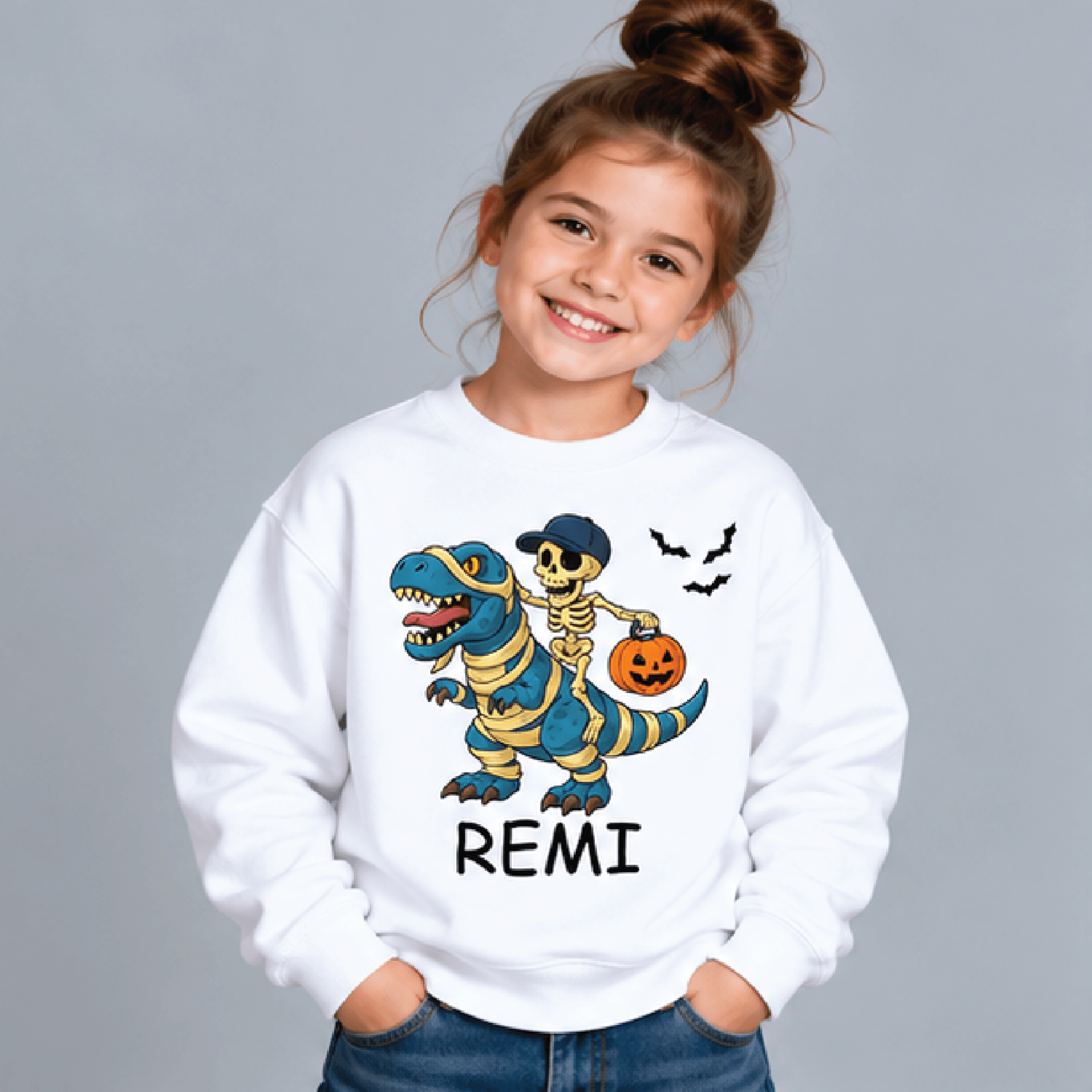 personalized halloween dinosaur sweatshirt, kids youth unisex custom name crewneck, mummy dino skeleton pumpkin sweater