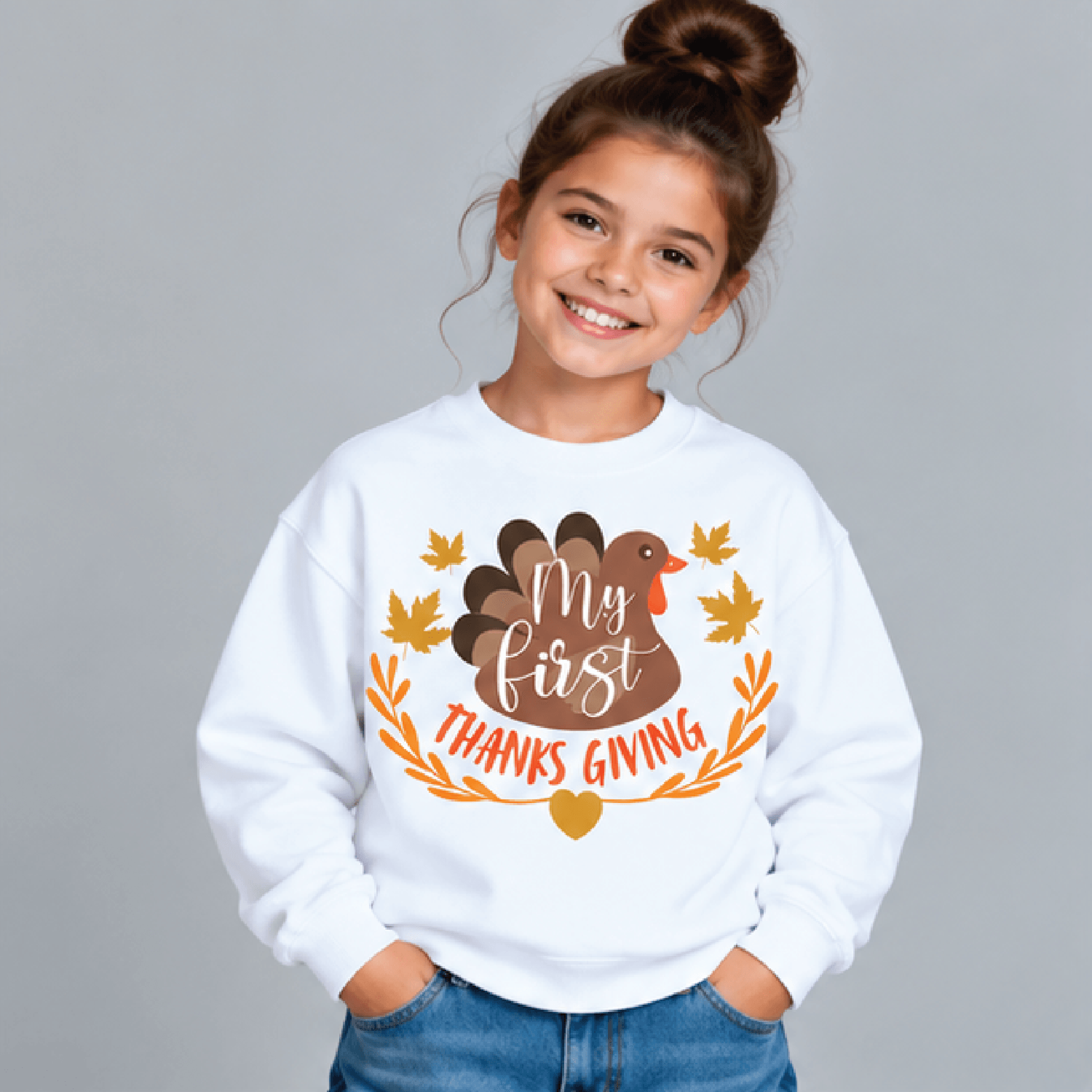 my first thanksgiving sweatshirt, kids youth unisex cute turkey crewneck, fall leaves autumn thanksgiving holidaysweater