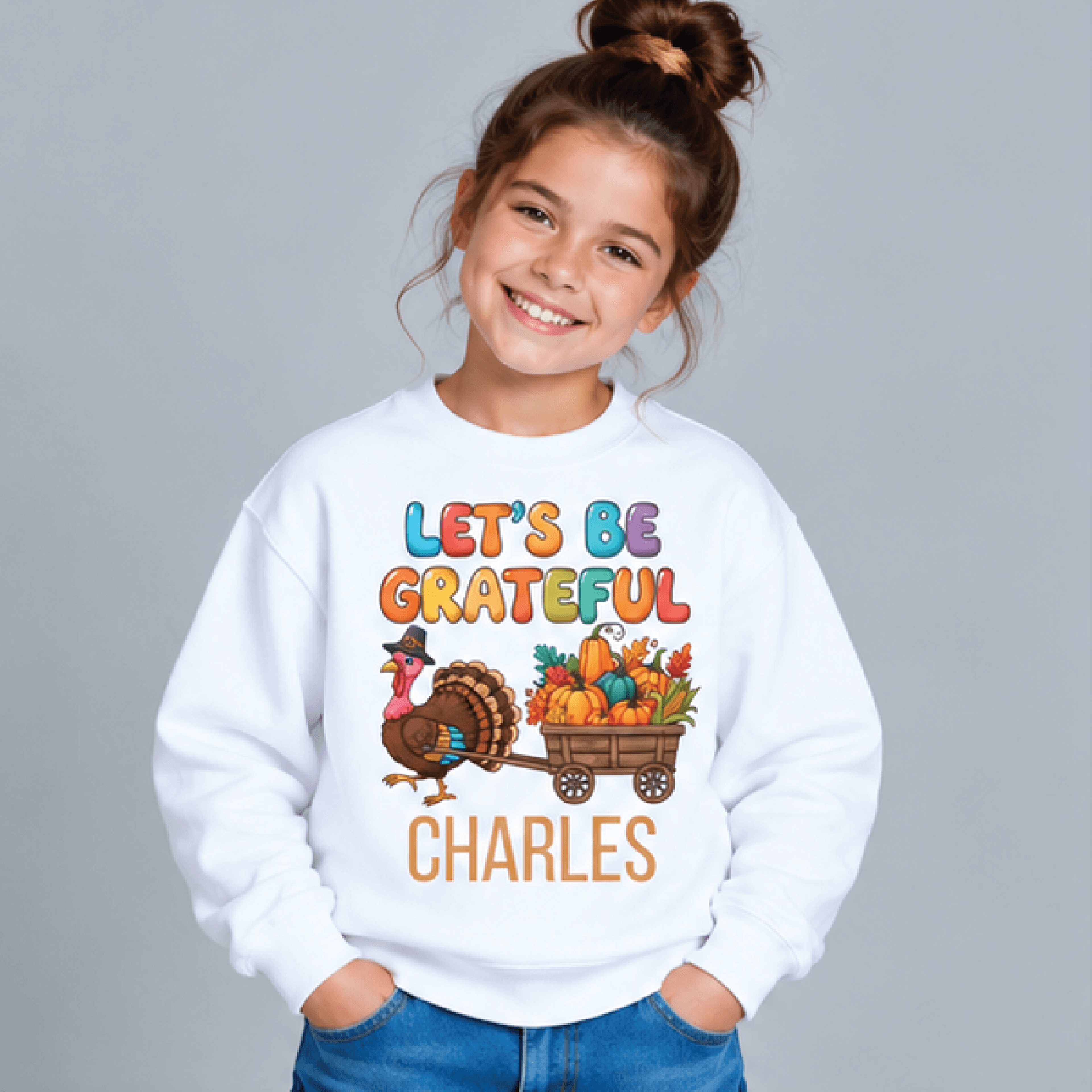 personalized lets be grateful sweatshirt, kids youth unisex custom name crewneck, turkey pumpkin thanksgiving fall sweat