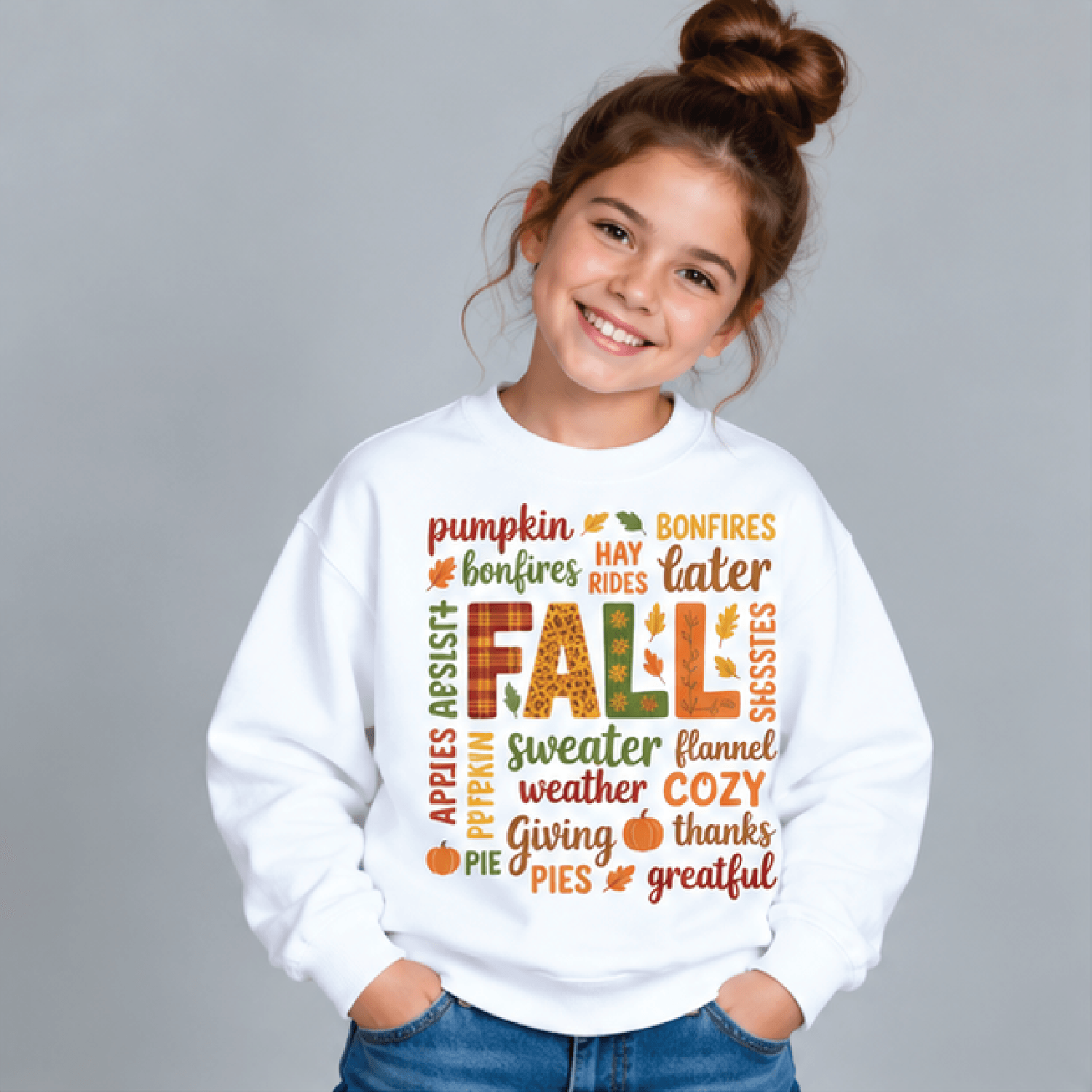 fall words sweatshirt, kids youth unisex pumpkin spice cozy crewneck, thankful harvest bonfire autumn thanksgiving sweat
