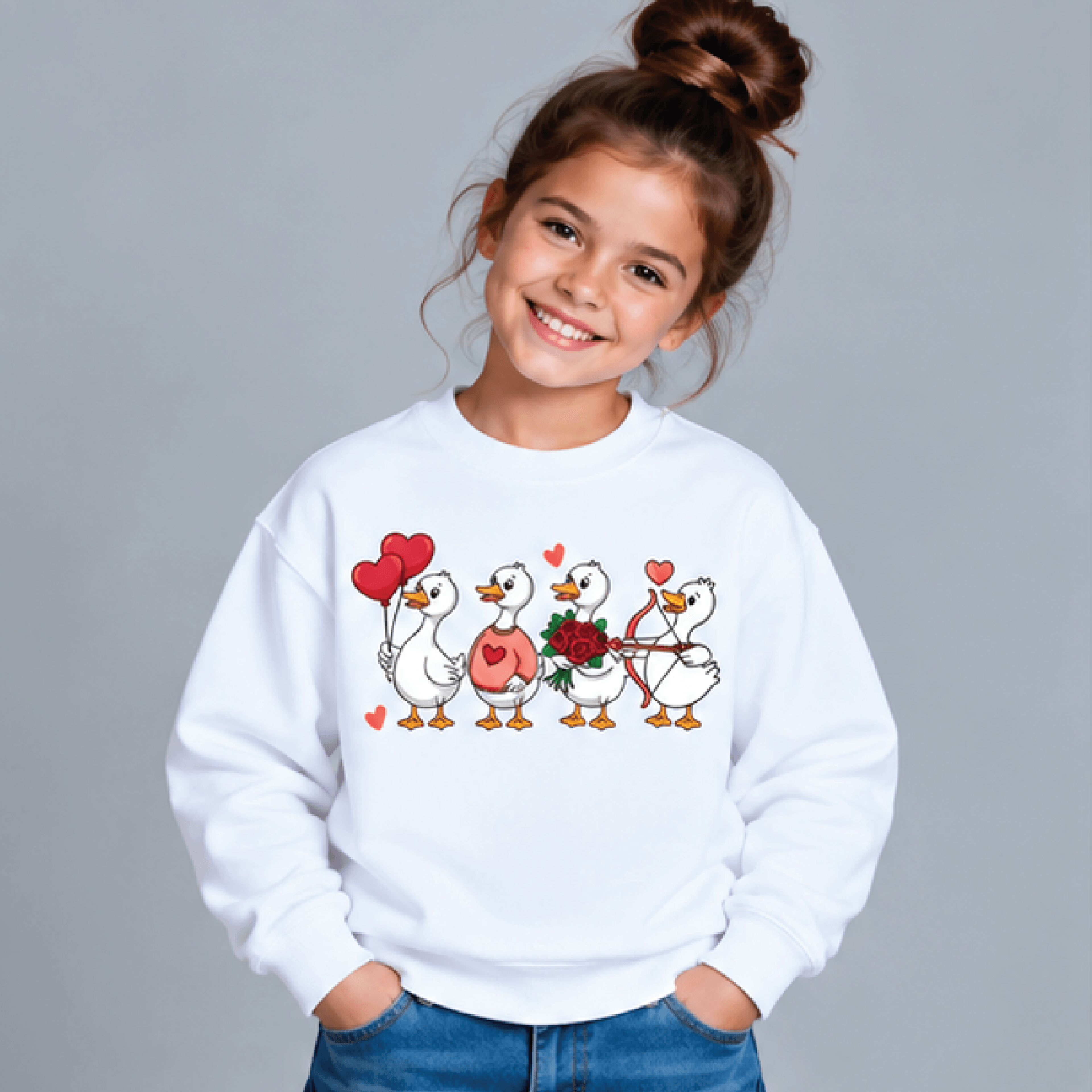 just a love goose sweatshirt, kids youth unisex valentine crewneck, cute heart goose funny valentines day sweater gift
