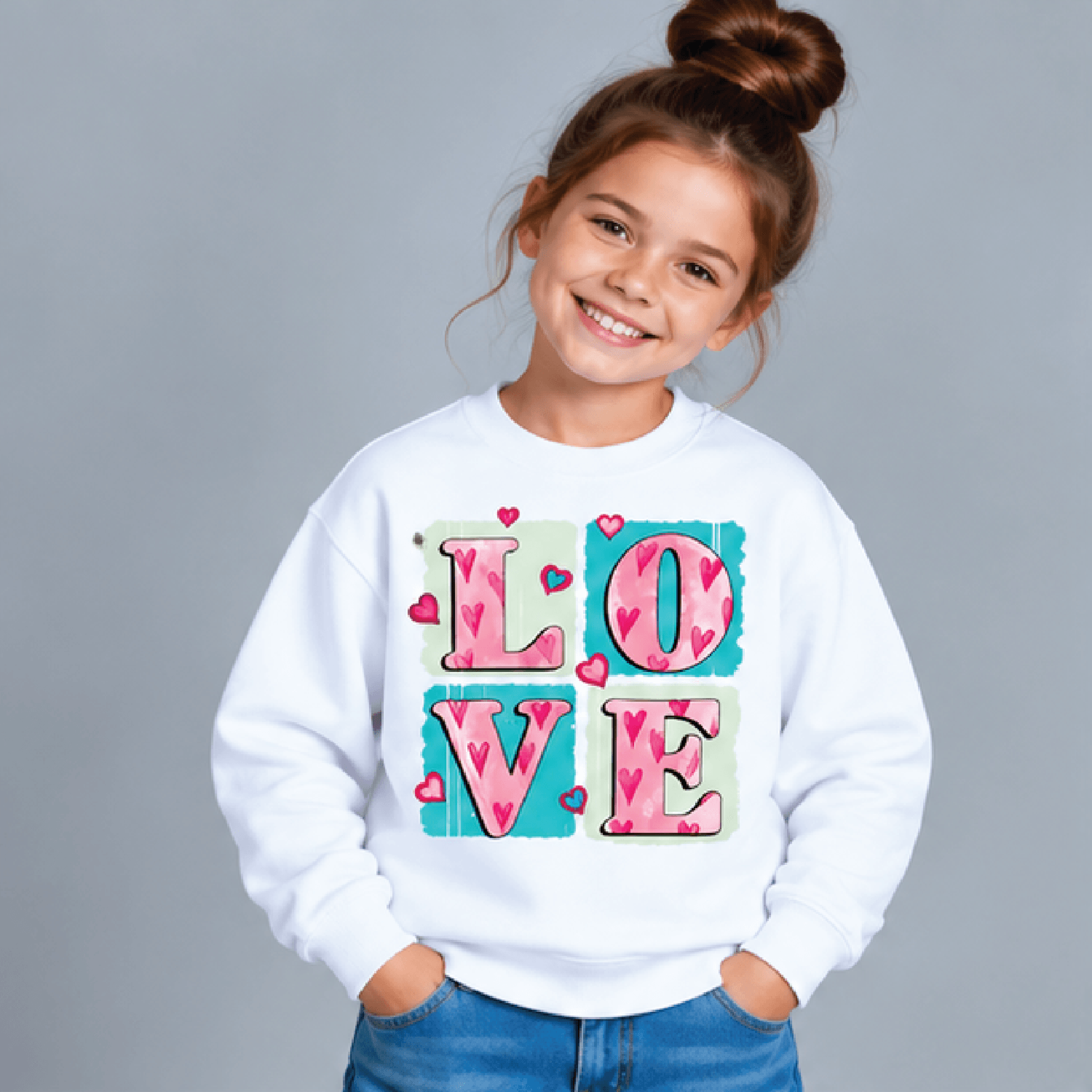 love heart valentine sweatshirt, kids youth unisex pink heart crewneck, cute retro valentines day love sweater gift