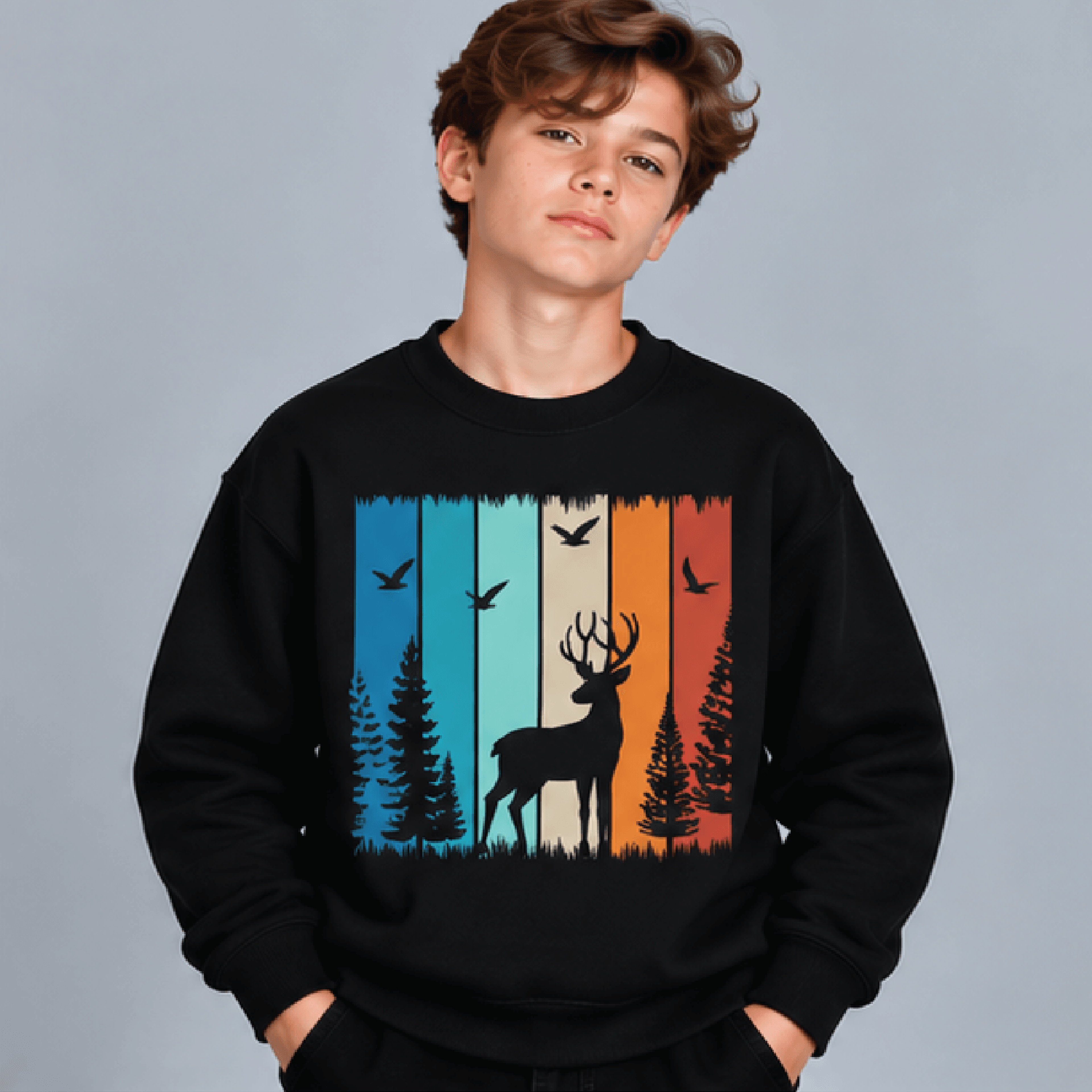 deer forest sweatshirt, kids youth unisex woodland crewneck, cute deer trees nature outdoor adventure forest sweater gif