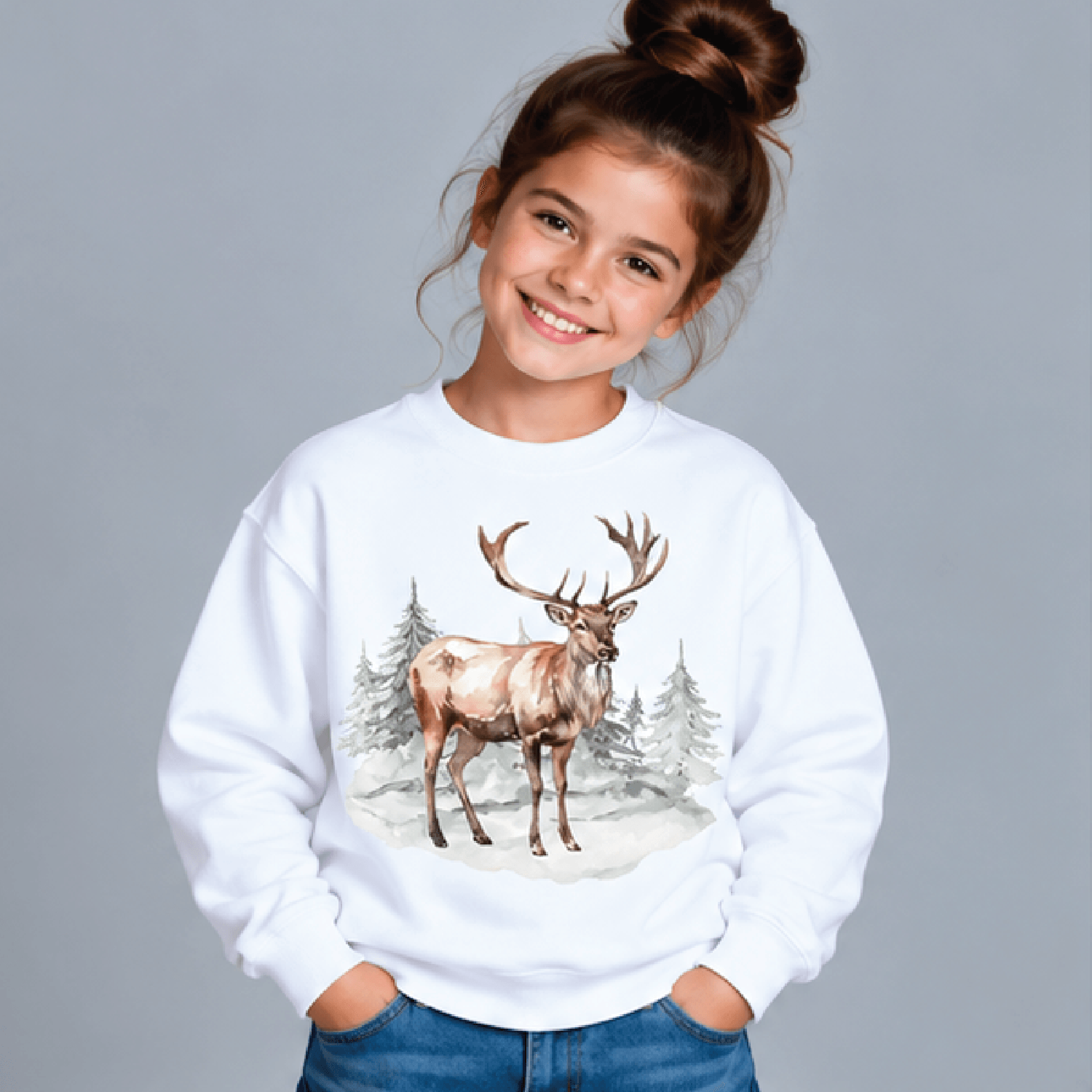 christmas deer forest sweatshirt, kids youth unisex woodland crewneck, winter deer pine tree holiday nature sweater gift