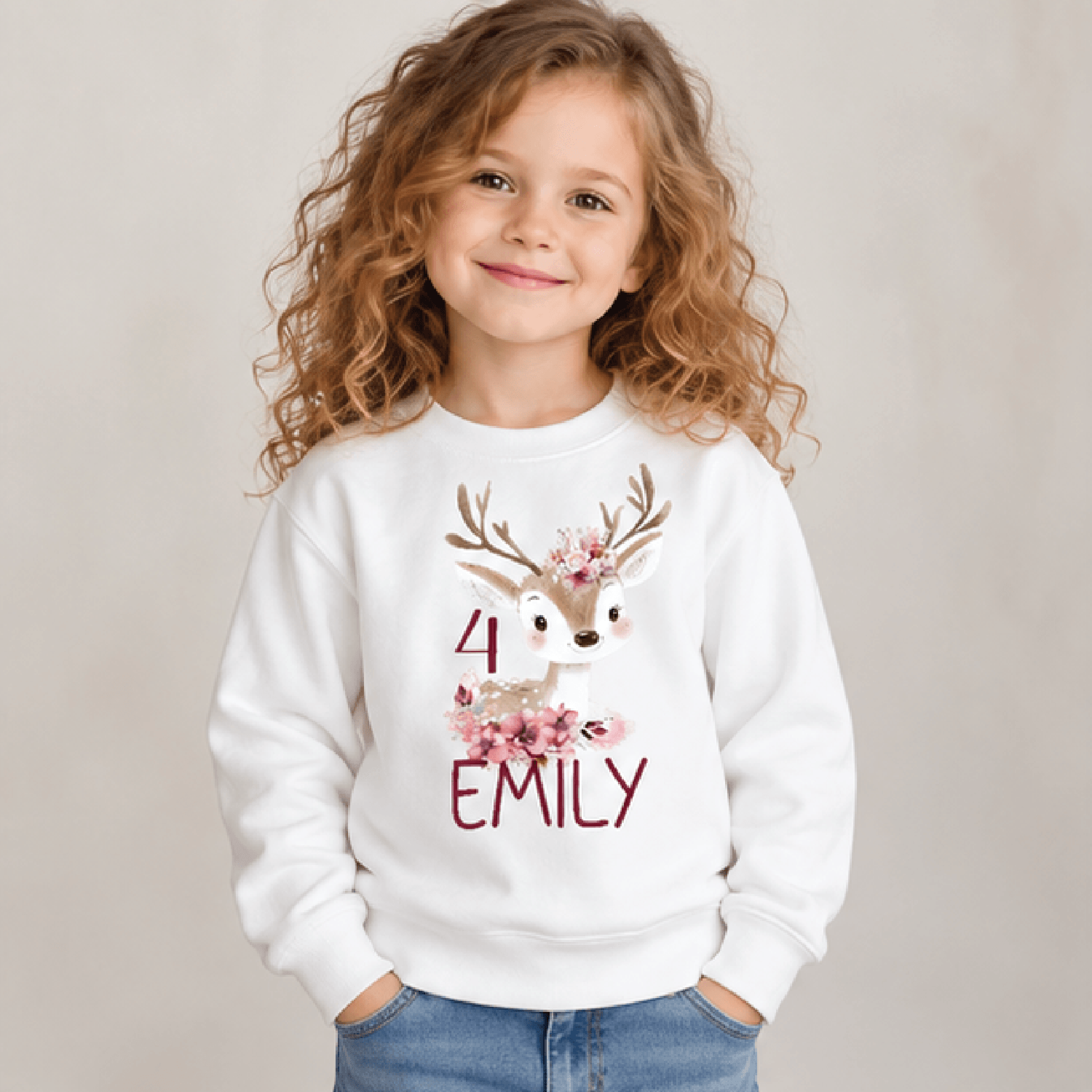 personalized floral deer birthday sweatshirt, kids youth unisex custom name & age crewneck, woodland deer birthday sweat
