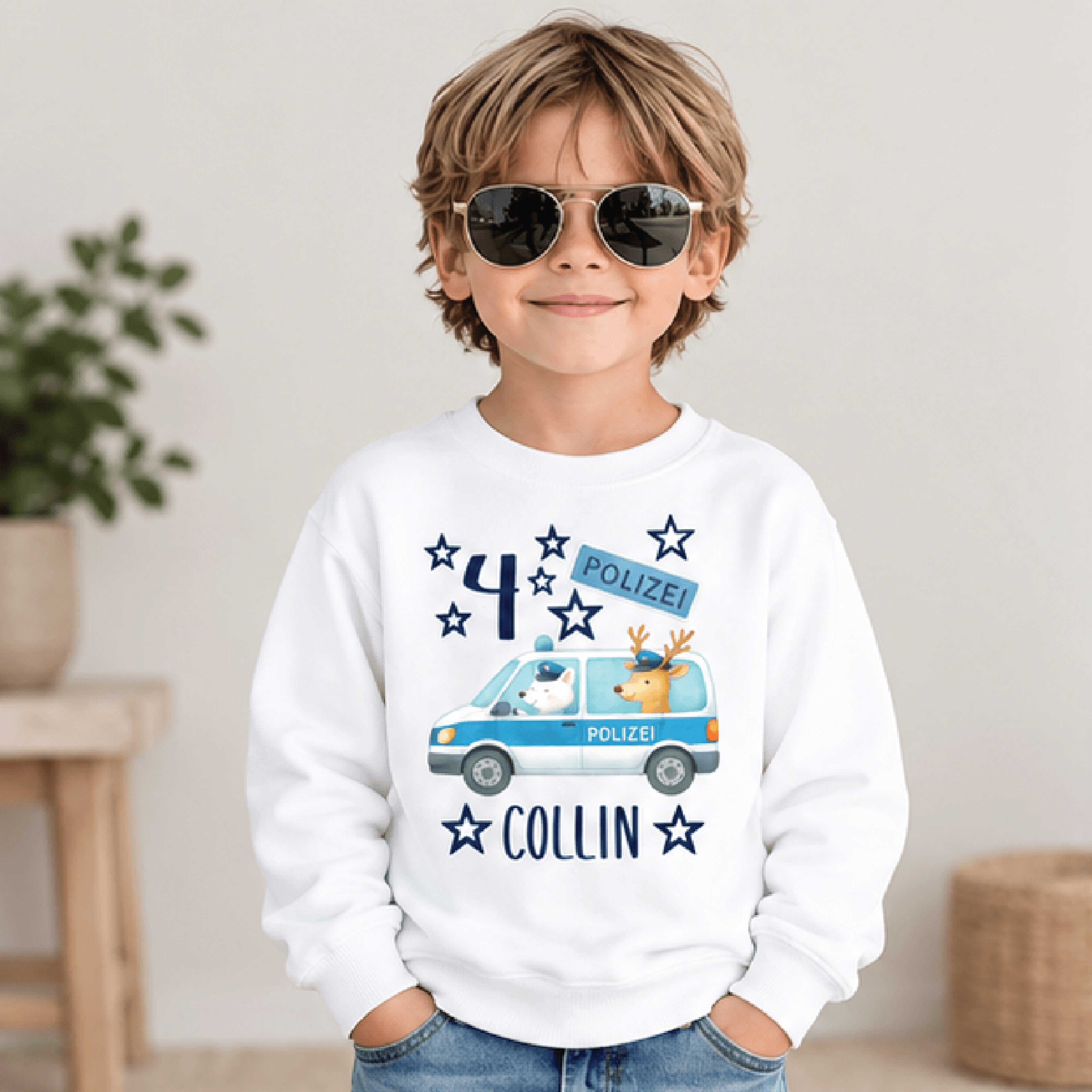 personalized police birthday sweatshirt, kids youth unisex custom name age crewneck, police car officer birthday sweater