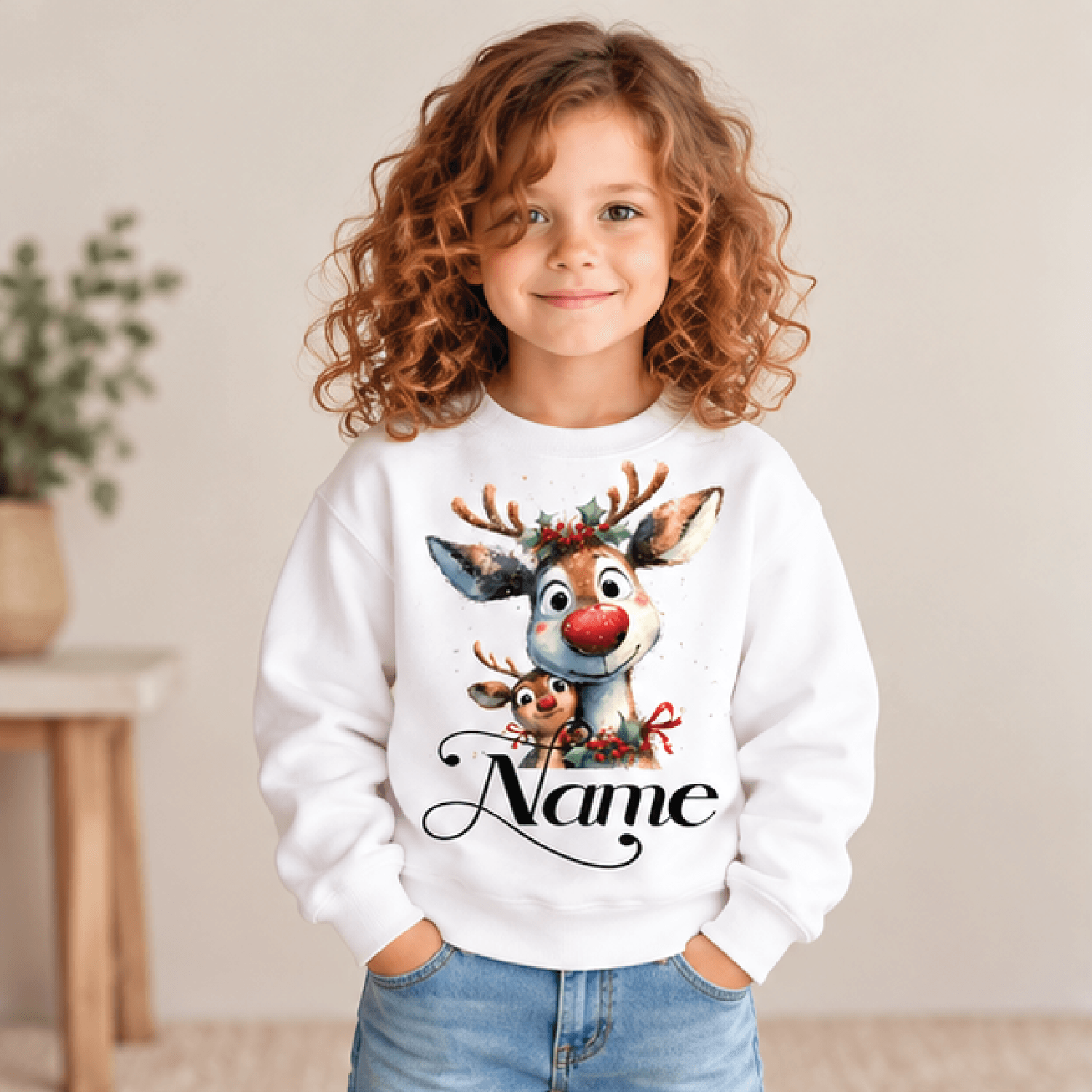personalized christmas reindeer sweatshirt, kids youth unisex custom name crewneck, watercolor rudolph winter holiday sw