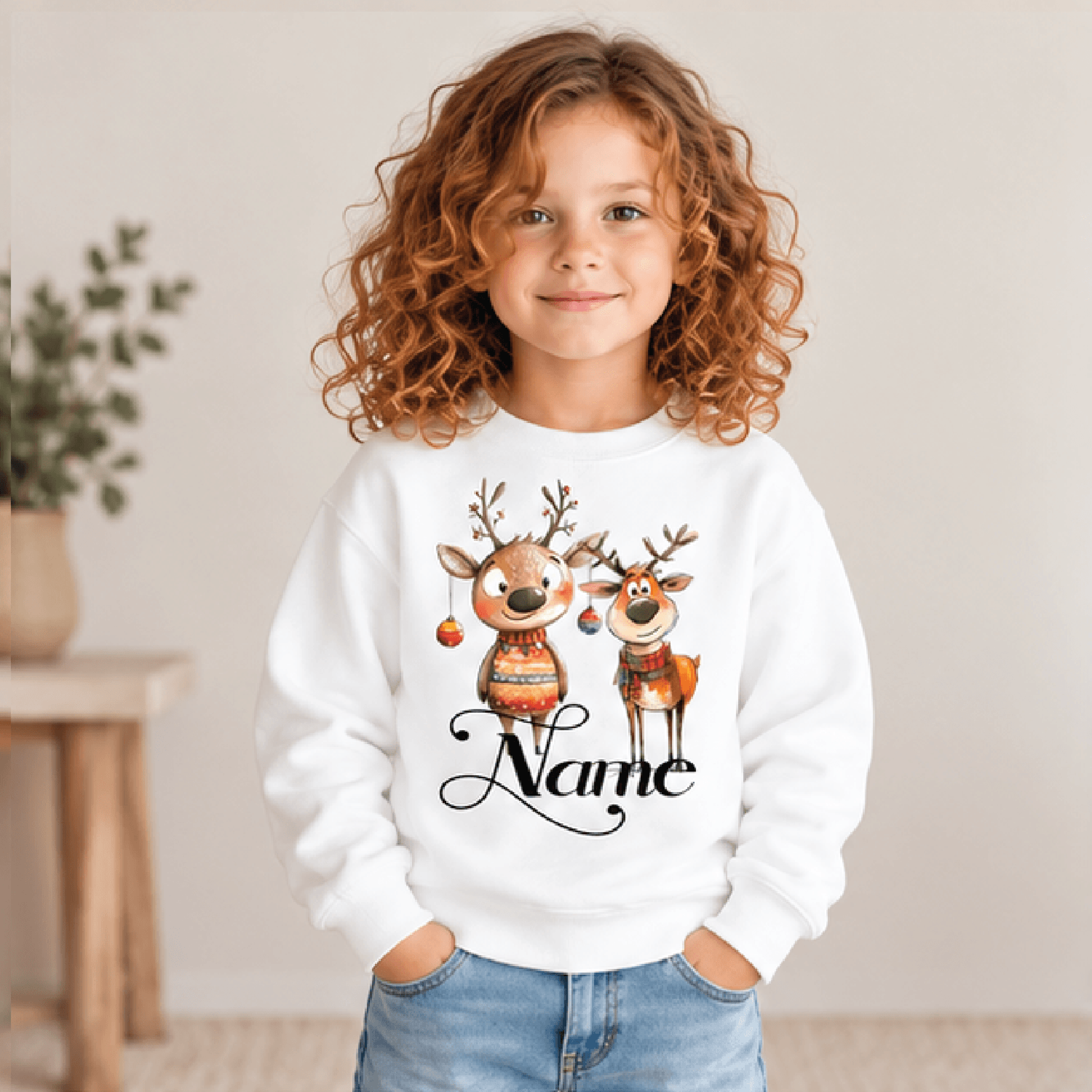 personalized christmas reindeer sweatshirt, kids youth unisex custom name crewneck, cute holiday deer winter sweater gif
