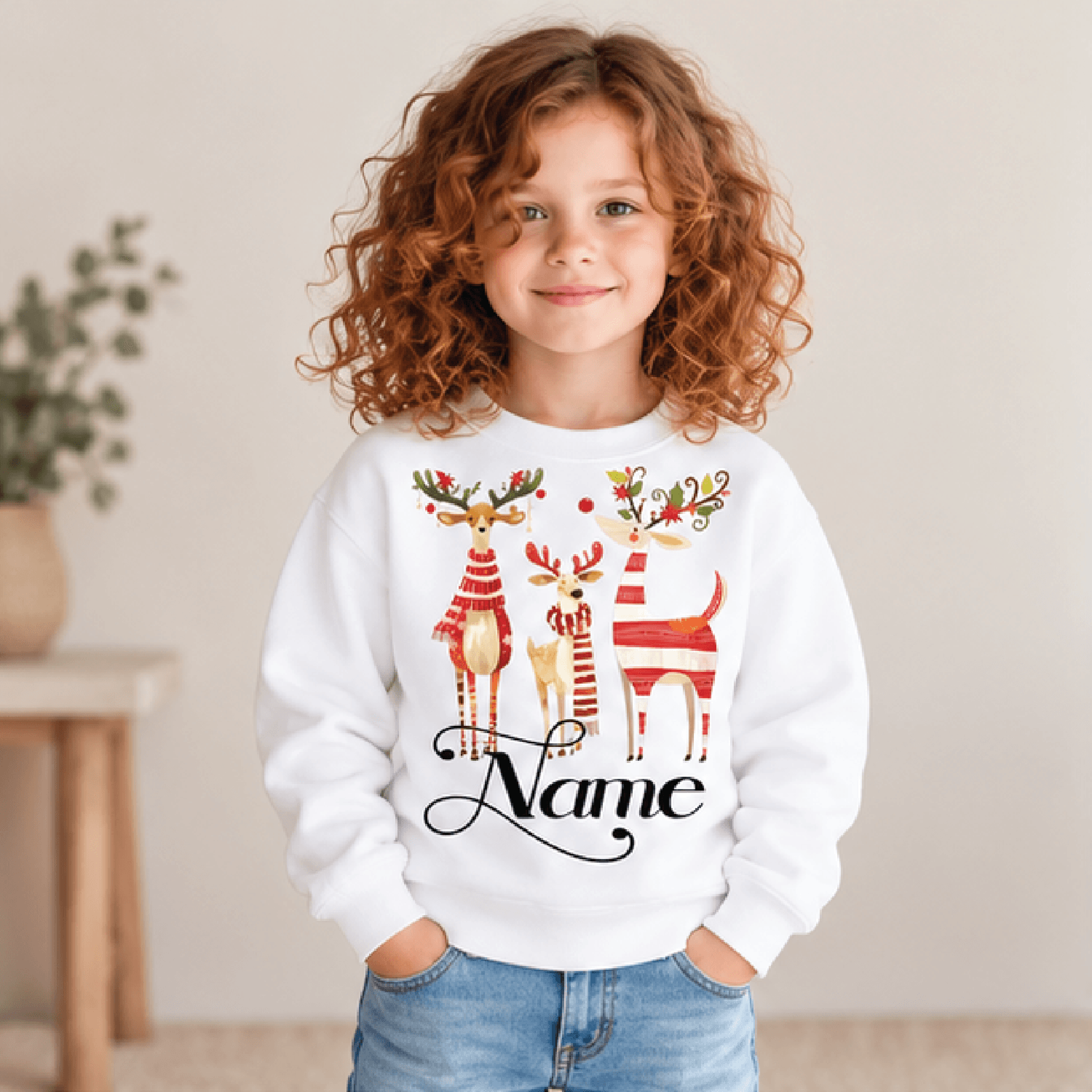 custom name reindeer christmas sweatshirt, personalized kids youth unisex festive deer crewneck, cozy holiday winter gif