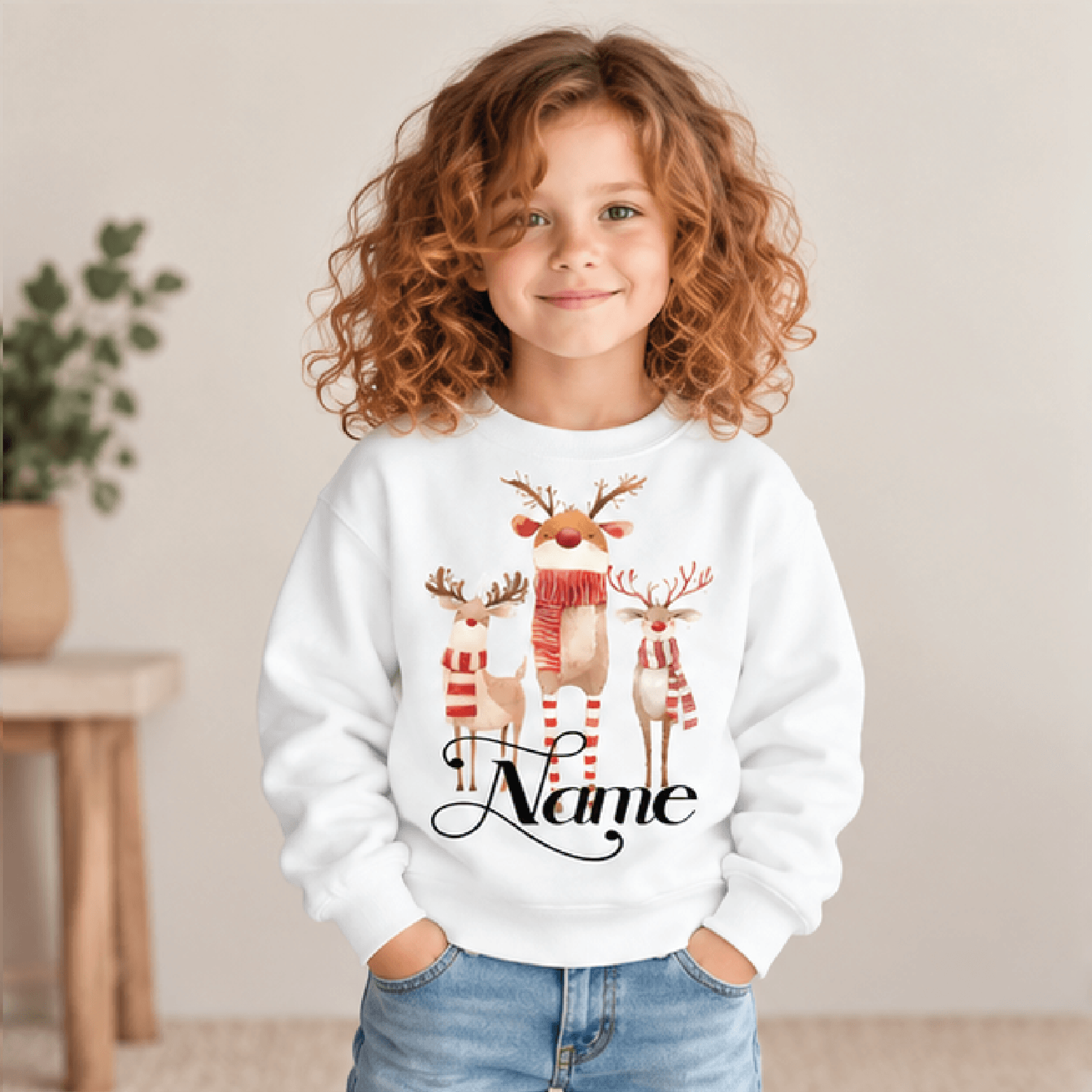 personalized reindeer trio christmas sweatshirt, kids youth unisex custom name crewneck, watercolor holiday deer winter