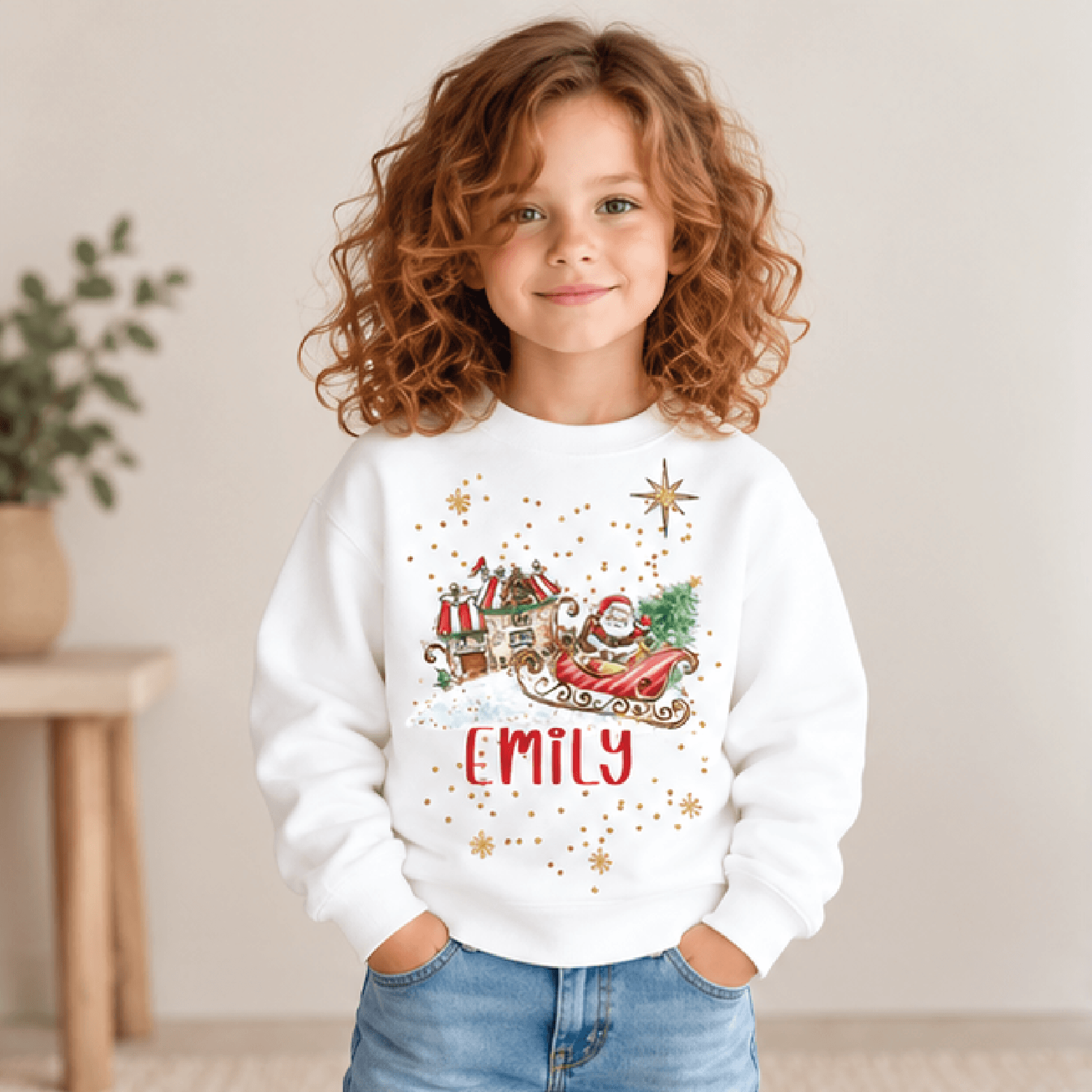 custom name santa sleigh sweatshirt, personalized kids youth unisex christmas crewneck, gingerbread house holiday gift