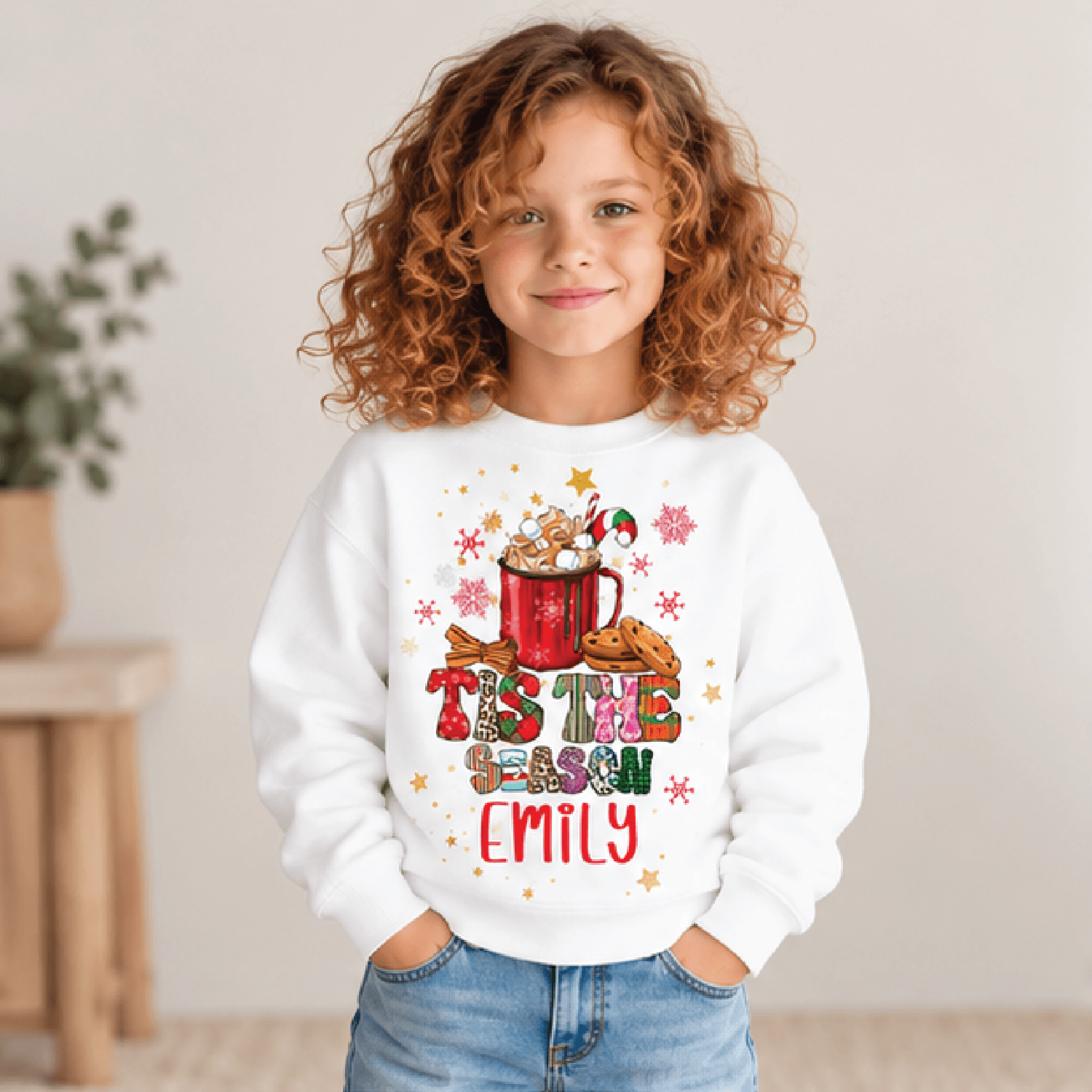 personalized tis the season sweatshirt, kids youth unisex custom name christmas crewneck, hot cocoa cookies holidaysweat