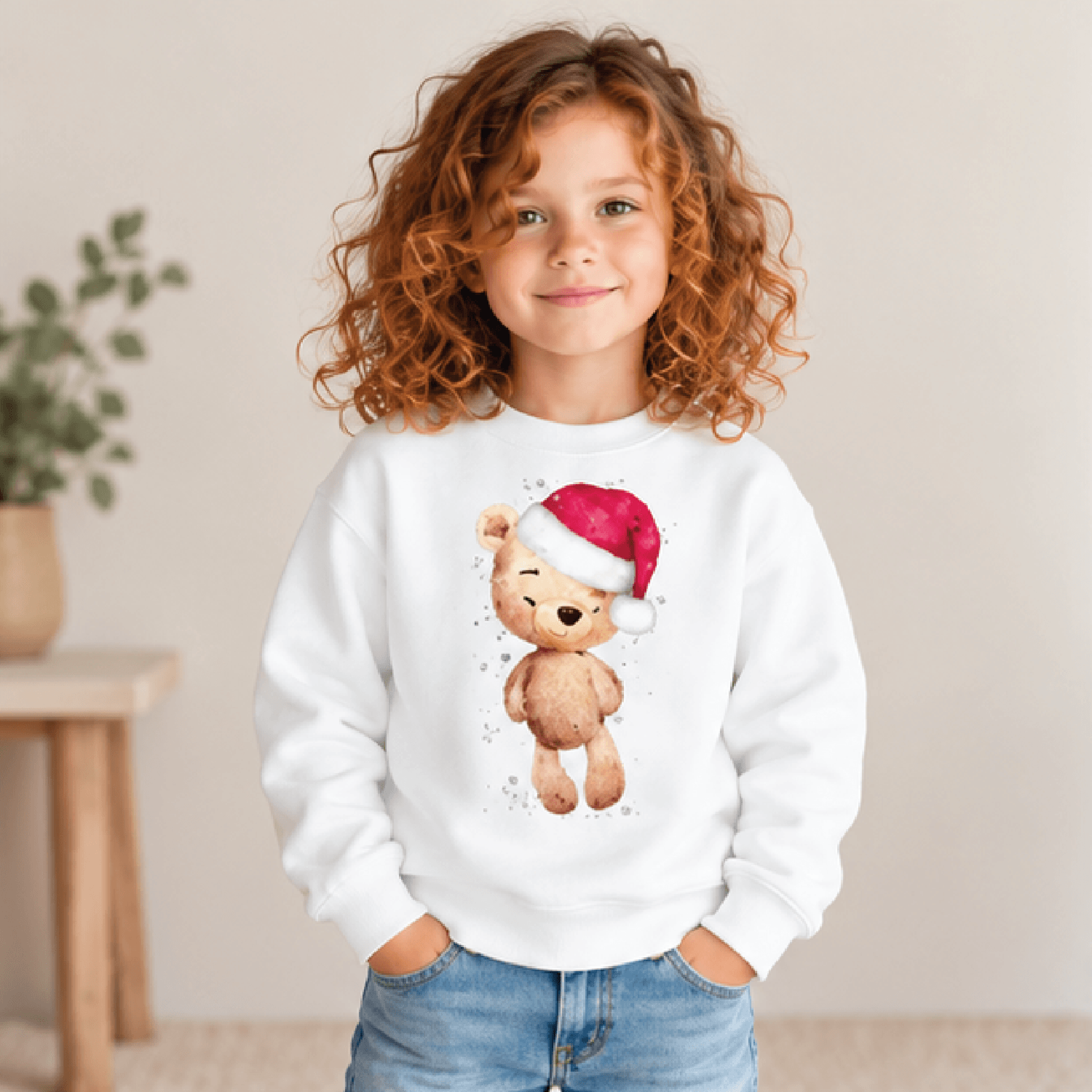 christmas teddy bear sweatshirt, kids youth unisex santa hat crewneck, cute watercolor bear holiday winter sweater gift