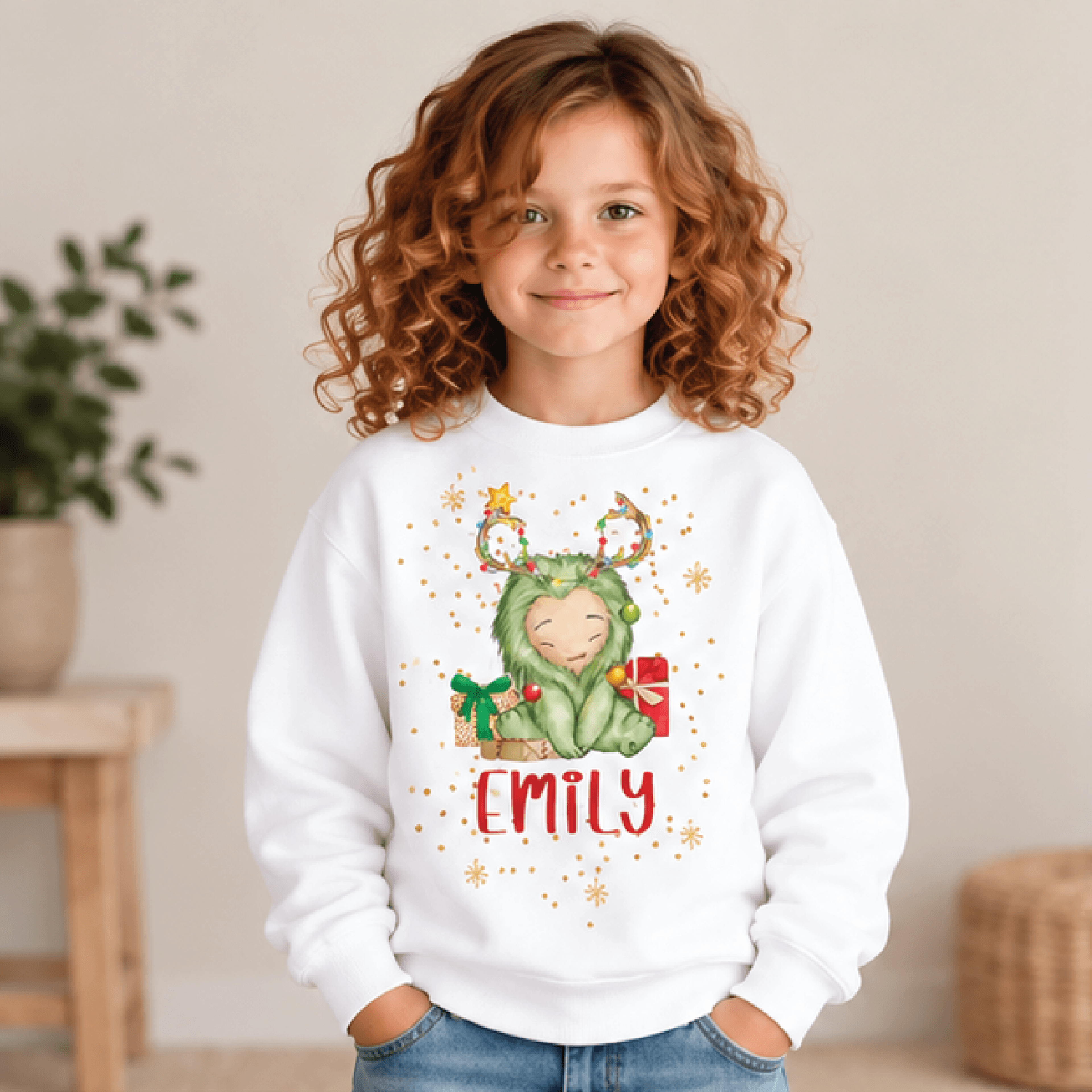 festive green yeti christmas sweatshirt, kids youth unisex personalized name crewneck, reindeer monster holiday winter g