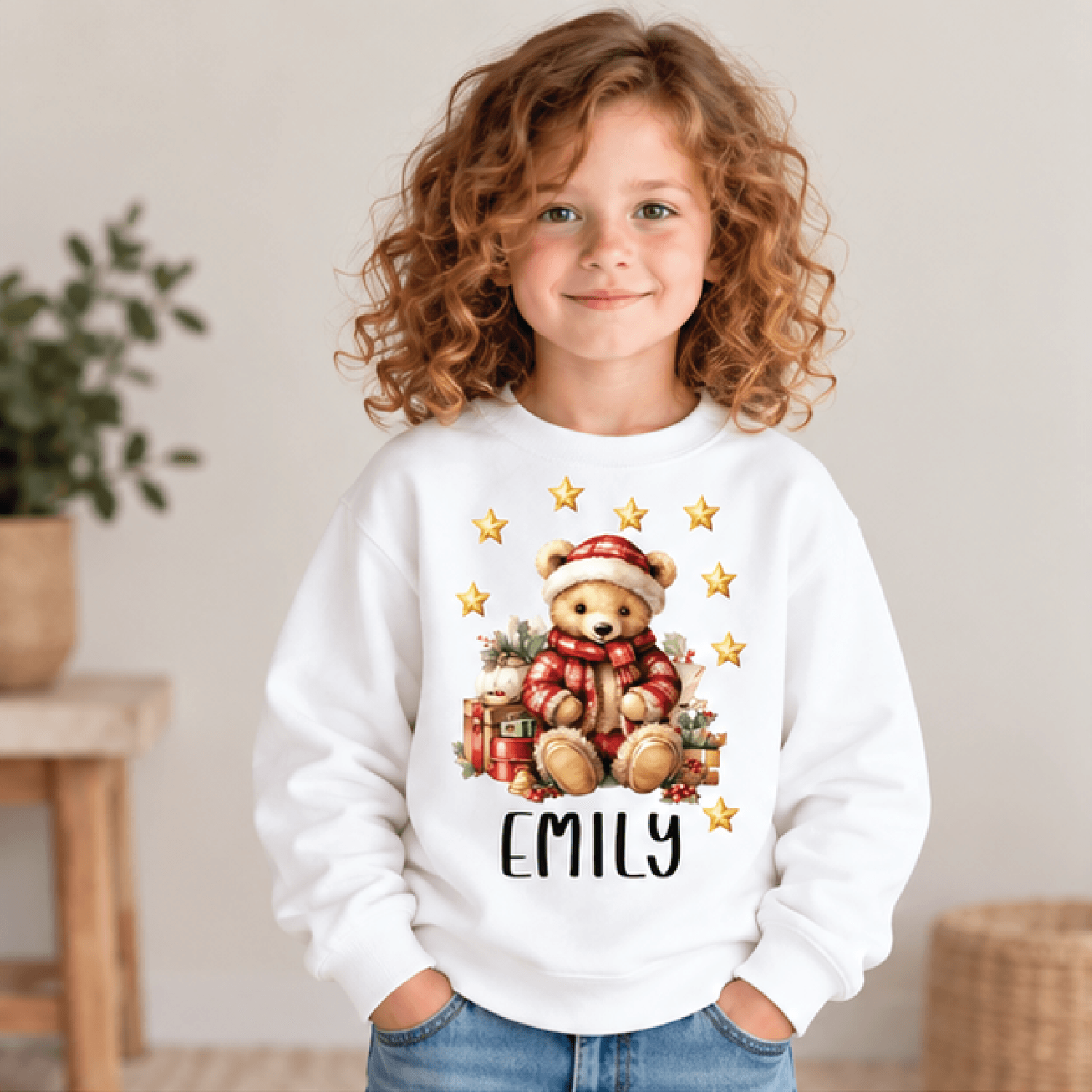personalized christmas teddy bear sweatshirt, kids youth unisex custom name crewneck, plaid winter bear holiday sweater