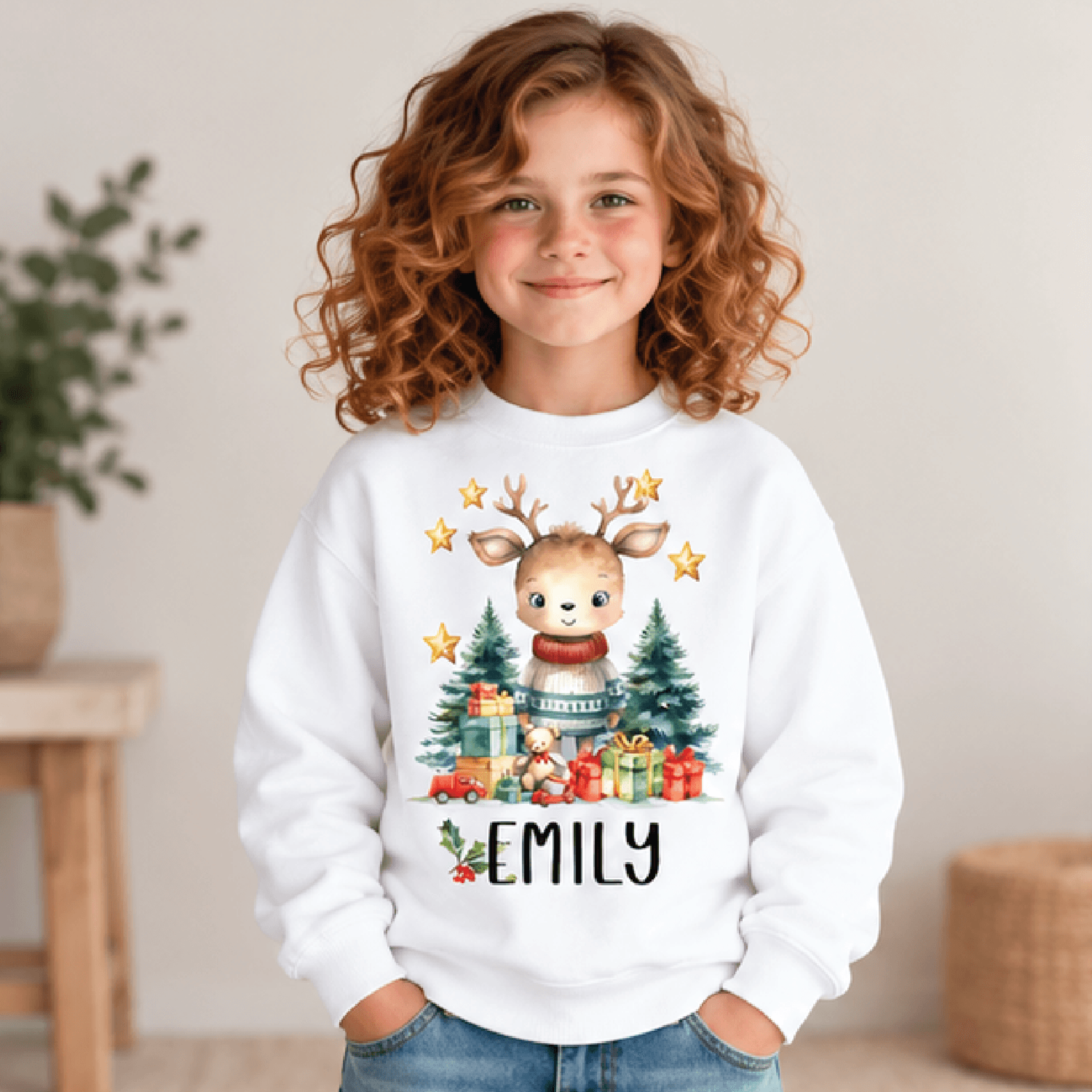 personalized christmas reindeer sweatshirt, kids youth unisex custom name crewneck, cute woodland deer holiday sweater g
