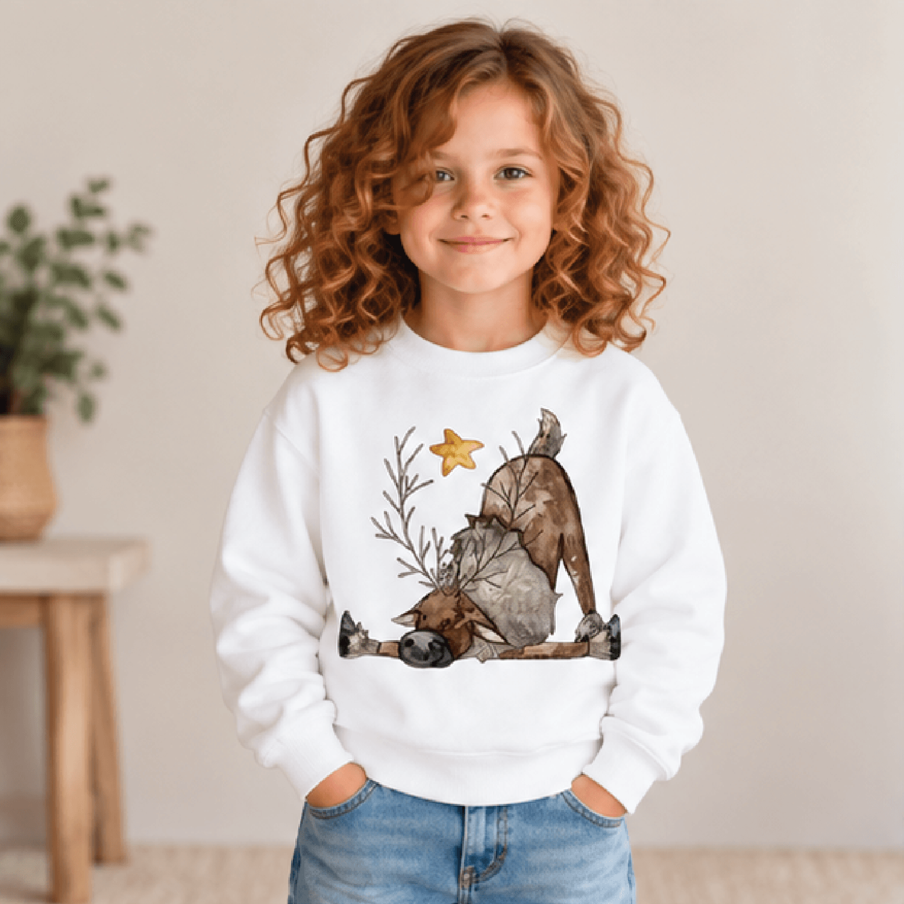 funny christmas reindeer sweatshirt, kids youth unisex silly deer crewneck, cute watercolor holiday winter sweater gift