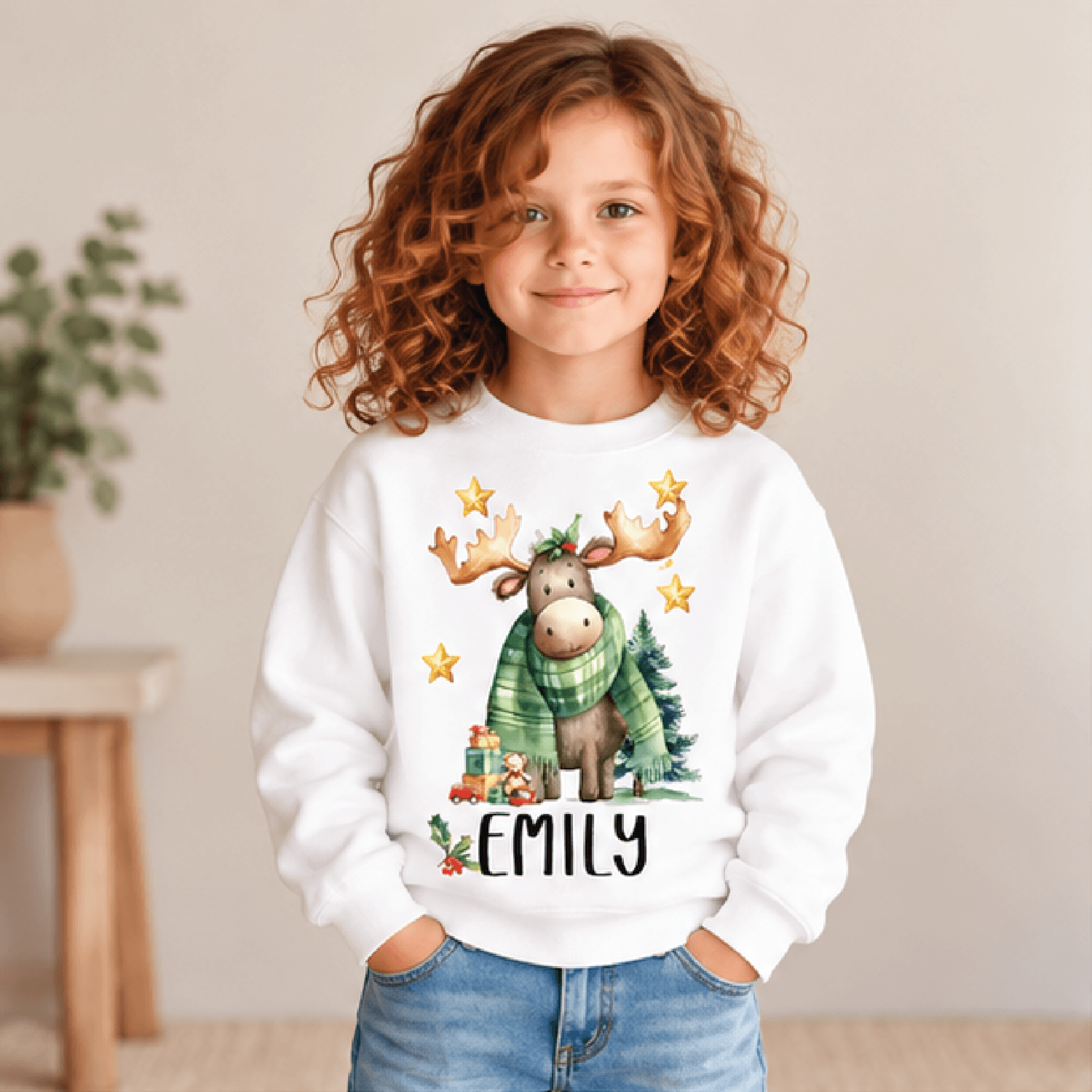 personalized holiday moose sweatshirt, kids youth unisex custom name christmas crewneck, green scarf woodland winter