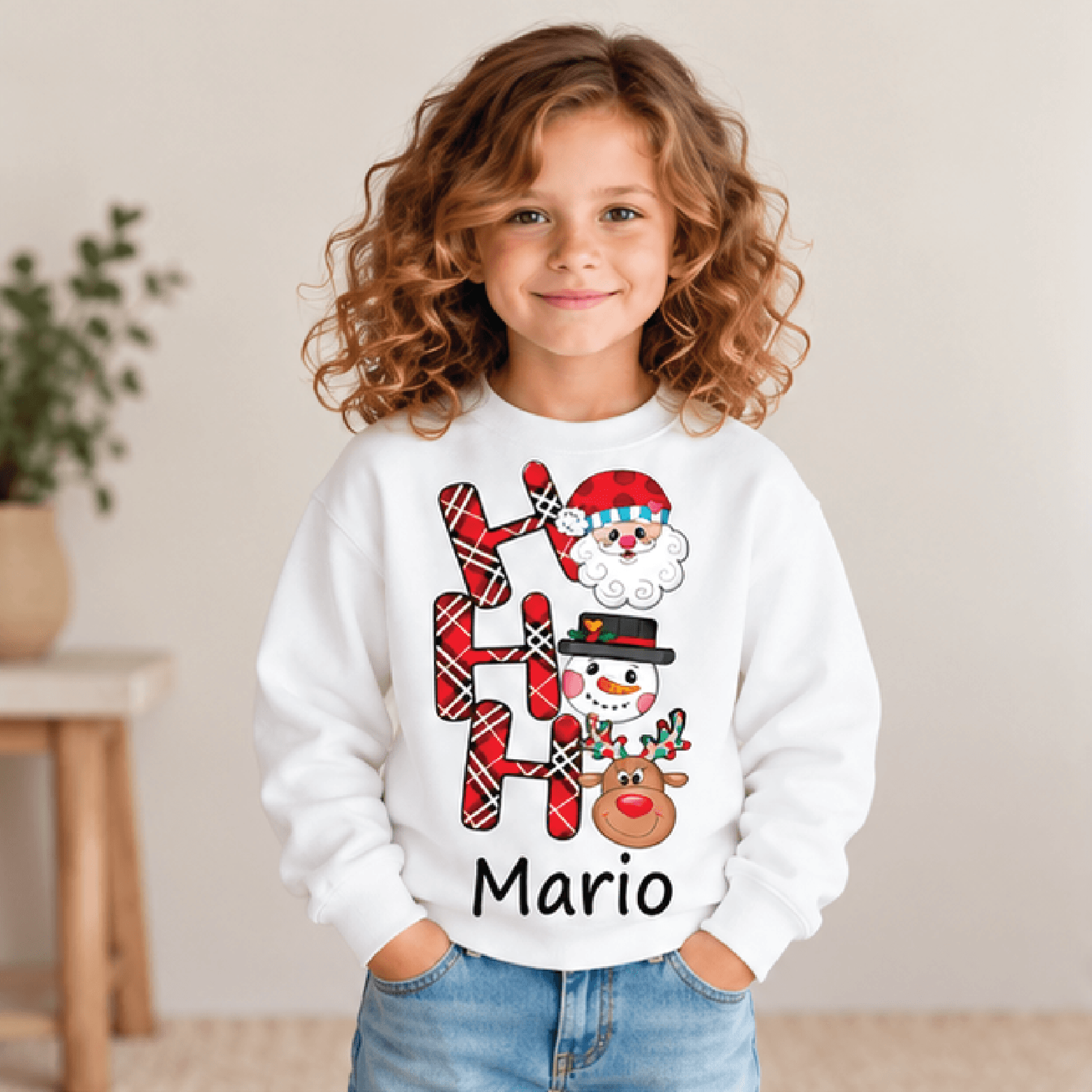 personalized ho ho ho christmas sweatshirt, kids youth unisex custom name crewneck, santa snowman reindeer holiday sweat