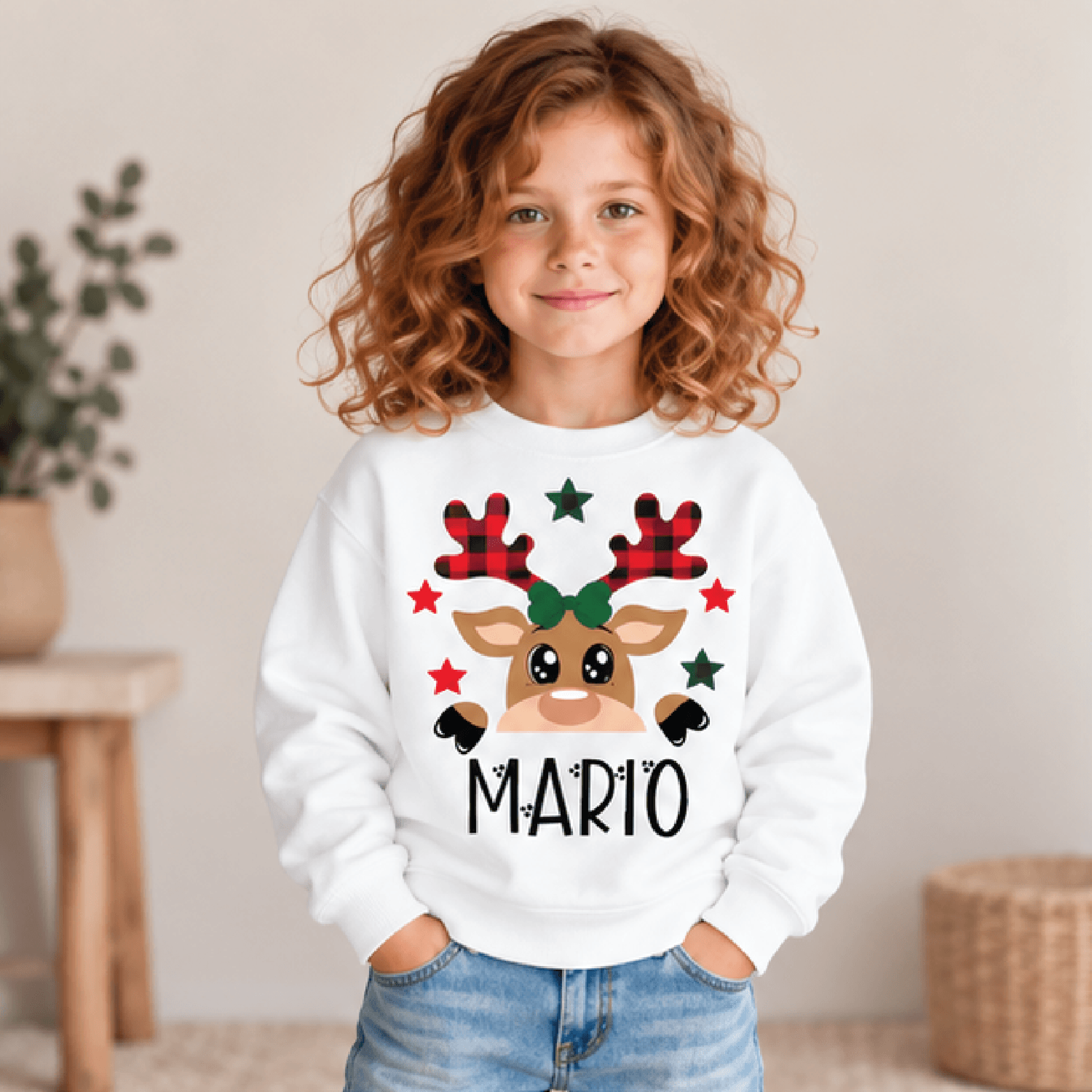 personalized plaid reindeer christmas sweatshirt, kids youth unisex custom name crewneck, cute rudolph holiday sweater g