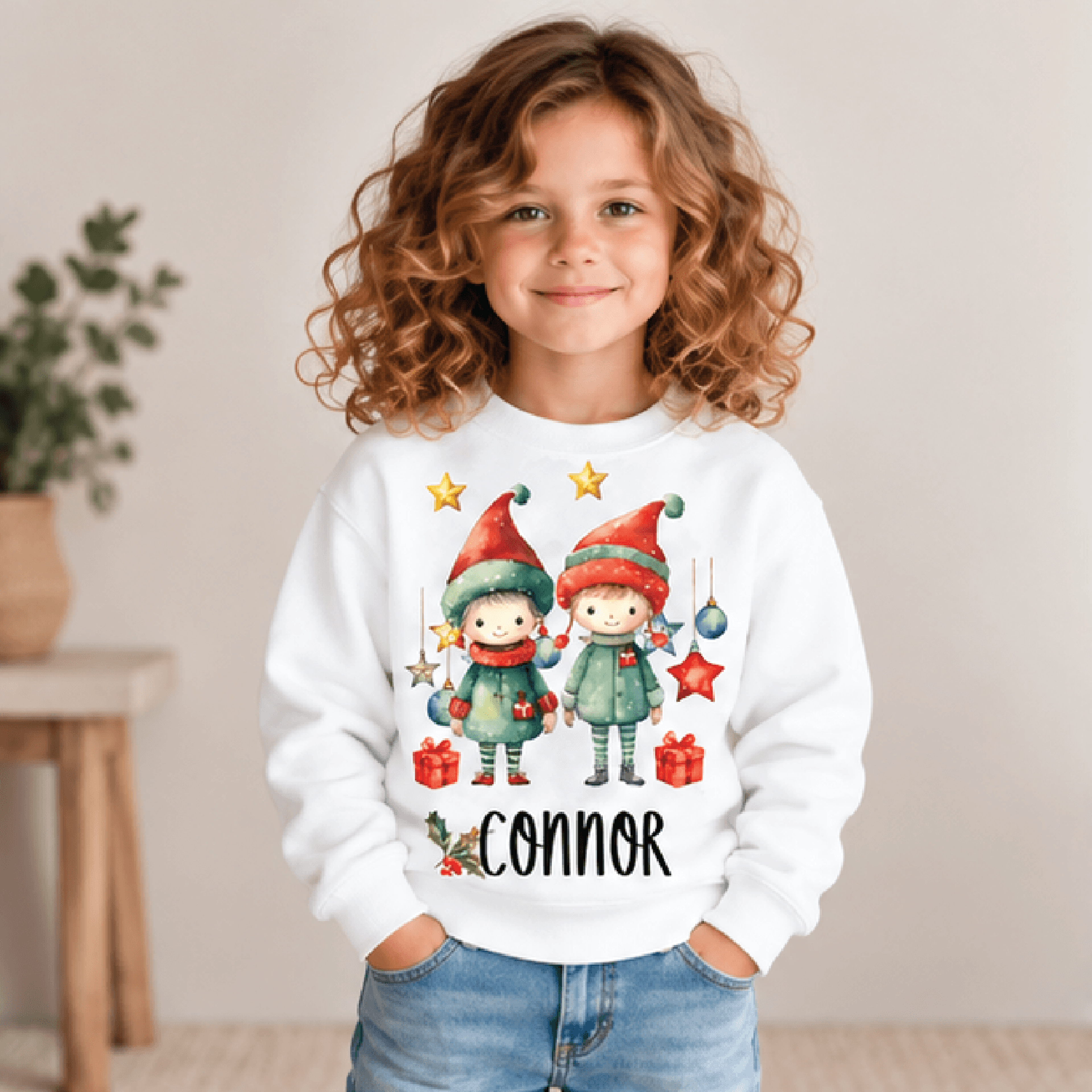 personalized christmas elves sweatshirt, kids youth unisex custom name crewneck, cute holiday elf friends winter sweater