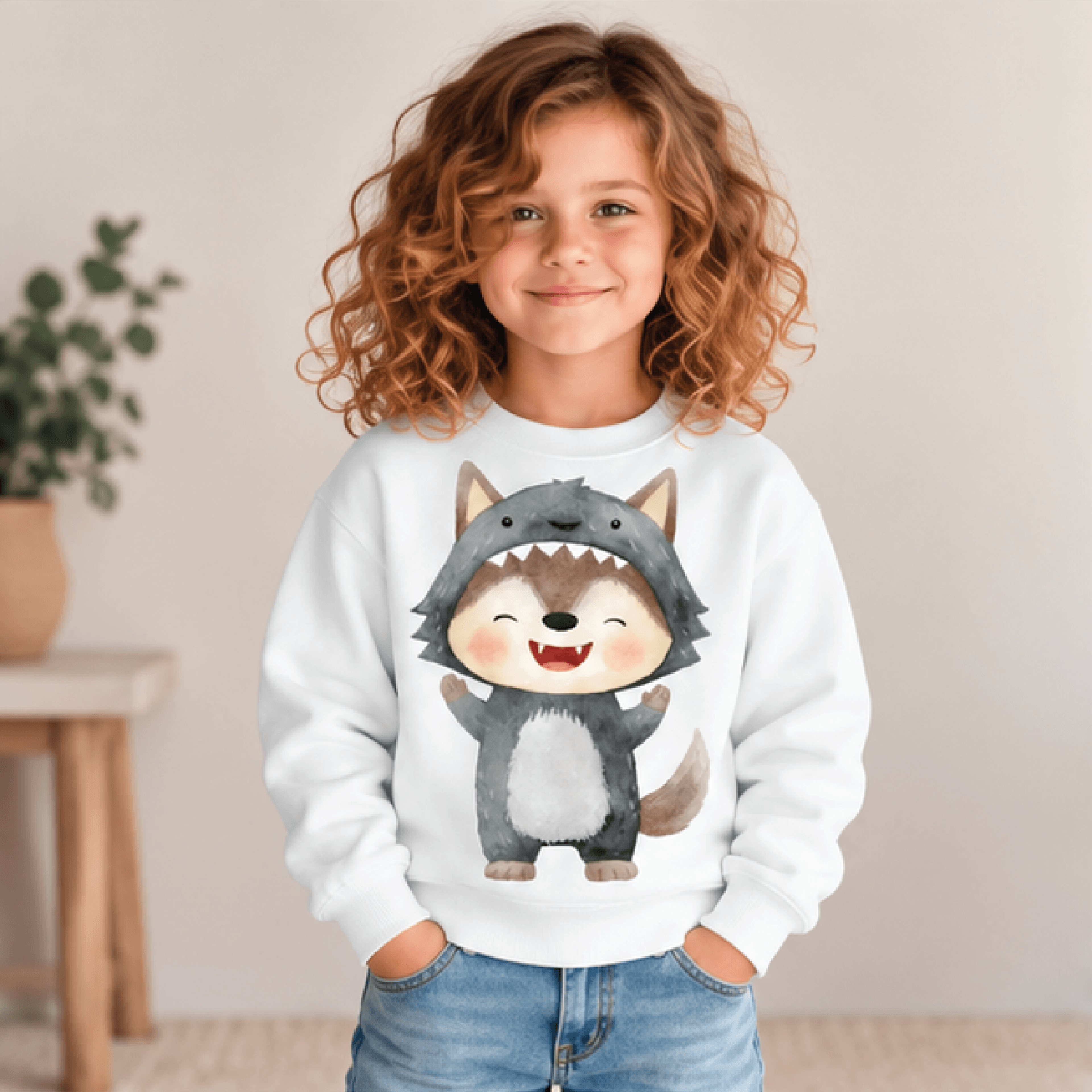 cute wolf costume sweatshirt, kids youth unisex woodland animal crewneck, adorable little werewolf halloween sweater gif