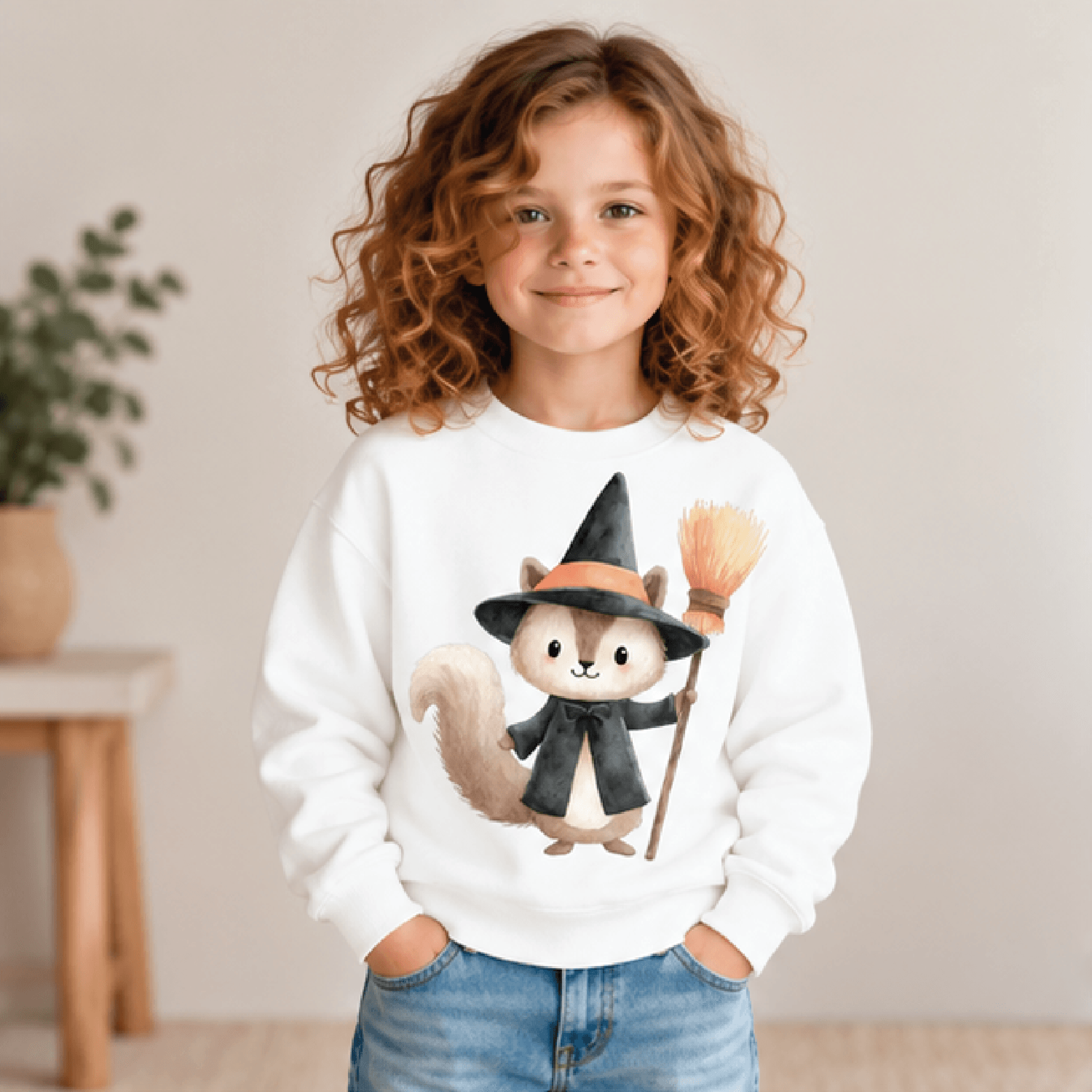 witch squirrel halloween sweatshirt, kids youth unisex cute woodland witch crewneck, broomstick animal spooky season swe