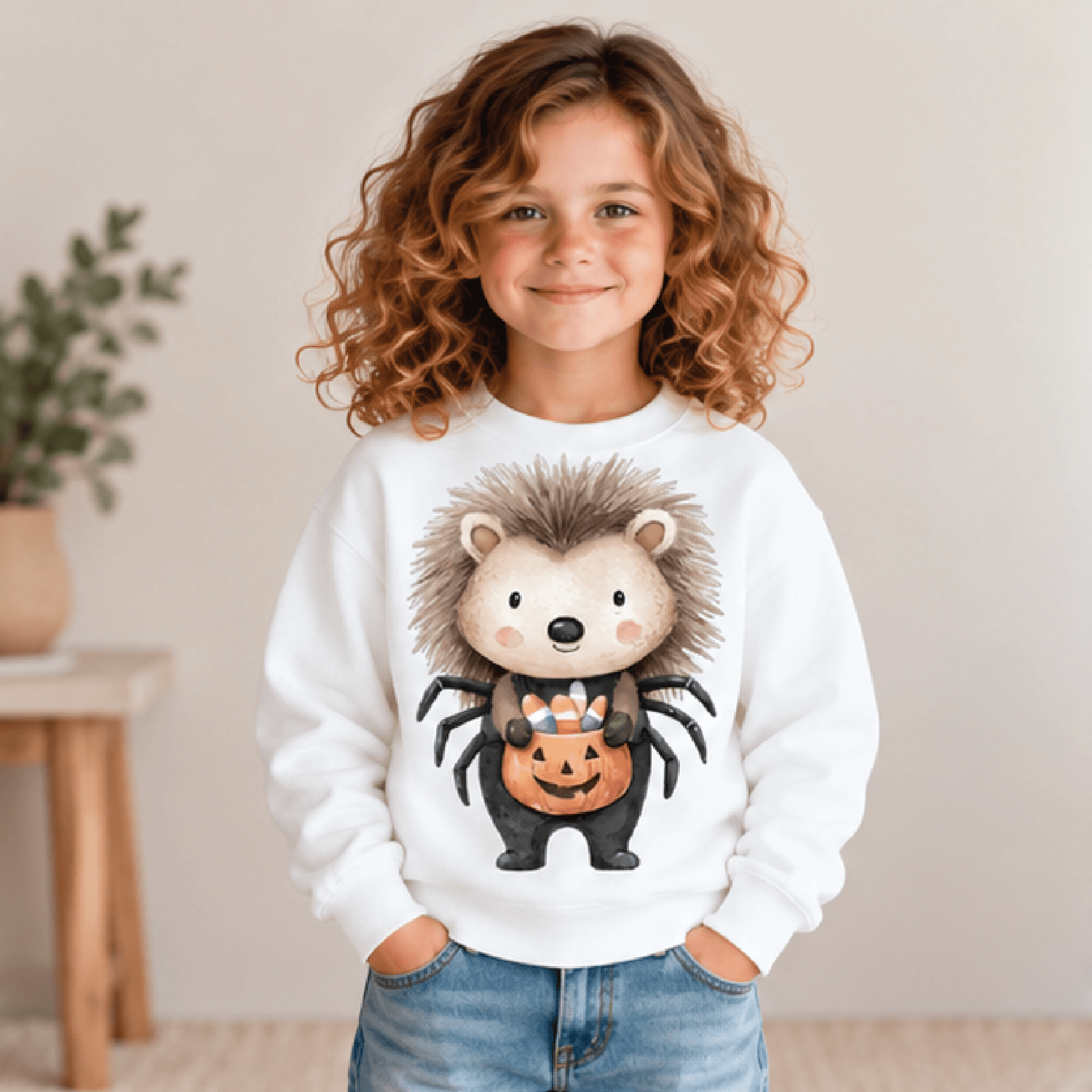 spider hedgehog halloween sweatshirt, kids youth unisex cute woodland animal crewneck, pumpkin candy trick or treat