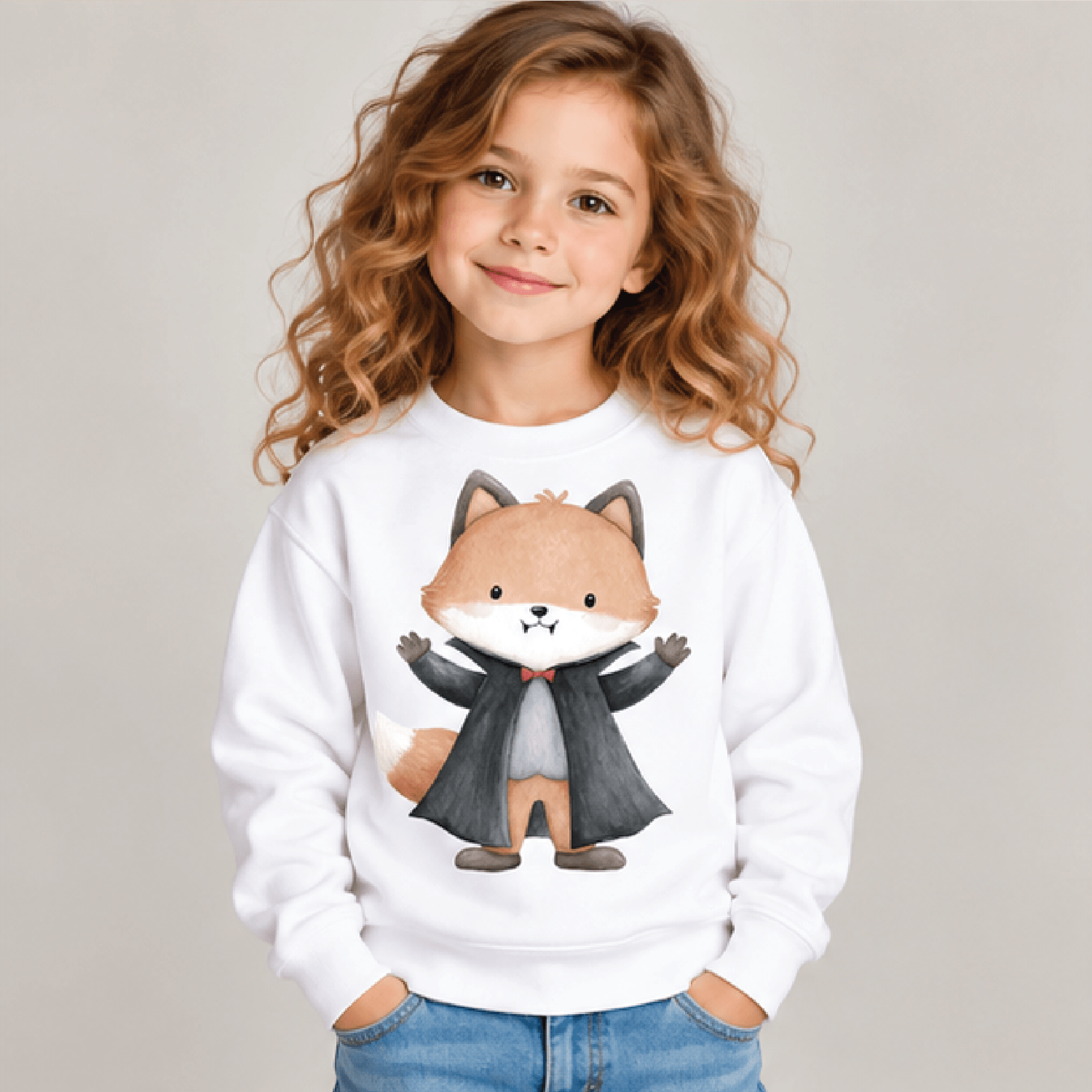 vampire fox halloween sweatshirt, kids youth unisex cute woodland animal crewneck, dracula fox costume spooky fall sweat