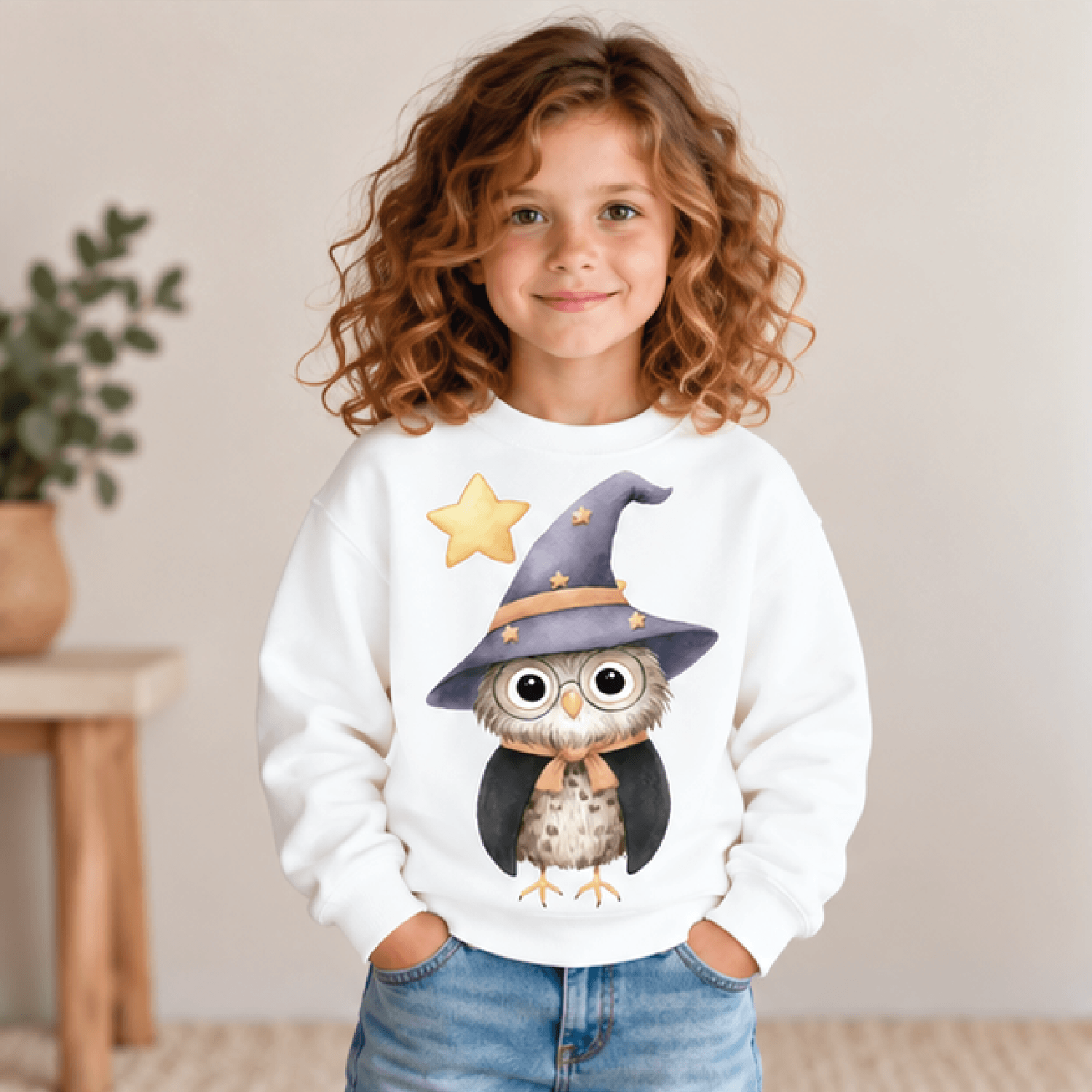 wizard owl halloween sweatshirt, kids youth unisex magical owl crewneck, cute witch hat woodland spooky season sweater g