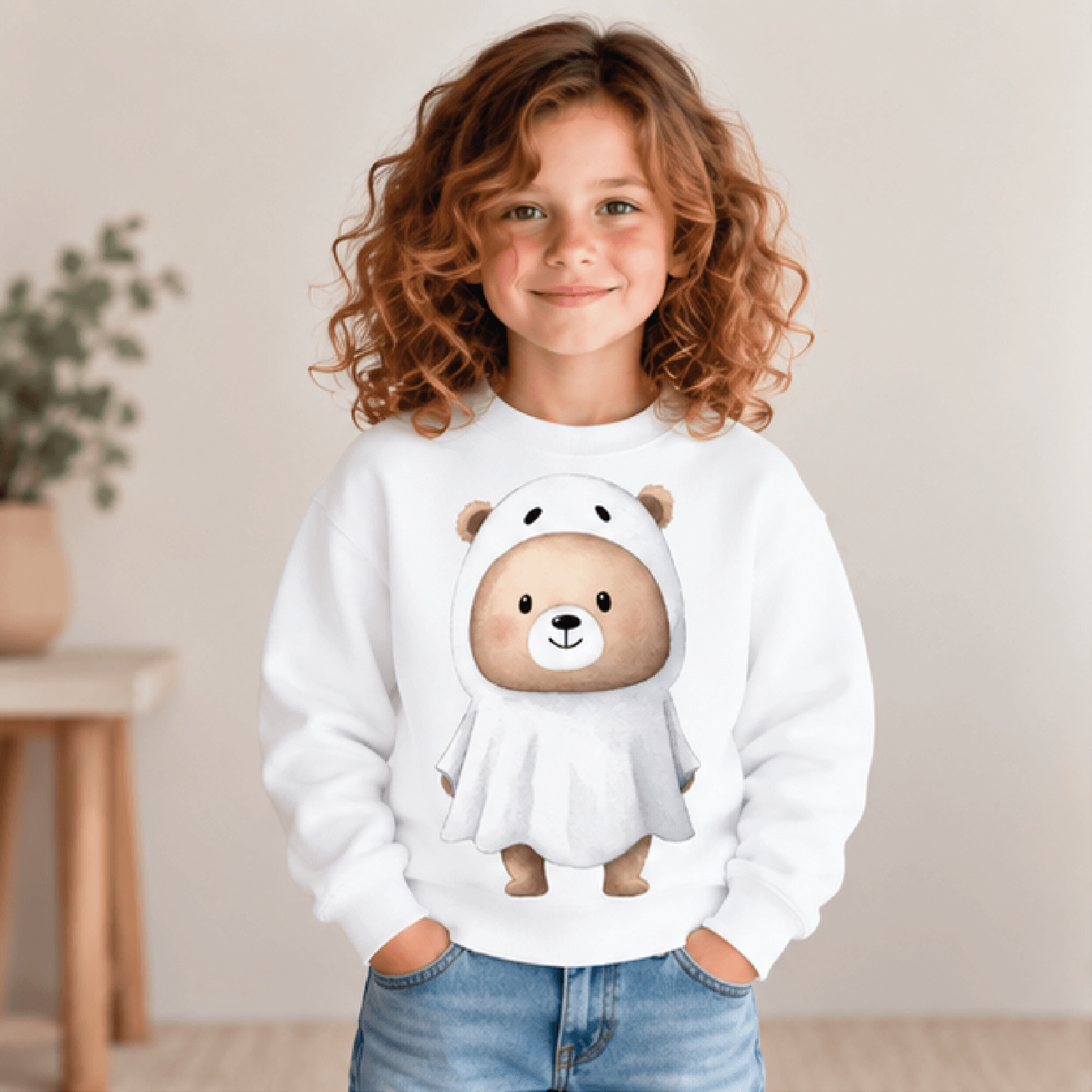 ghost bear halloween sweatshirt, kids youth unisex cute teddy bear crewneck, sweet spooky costume fall halloween sweater