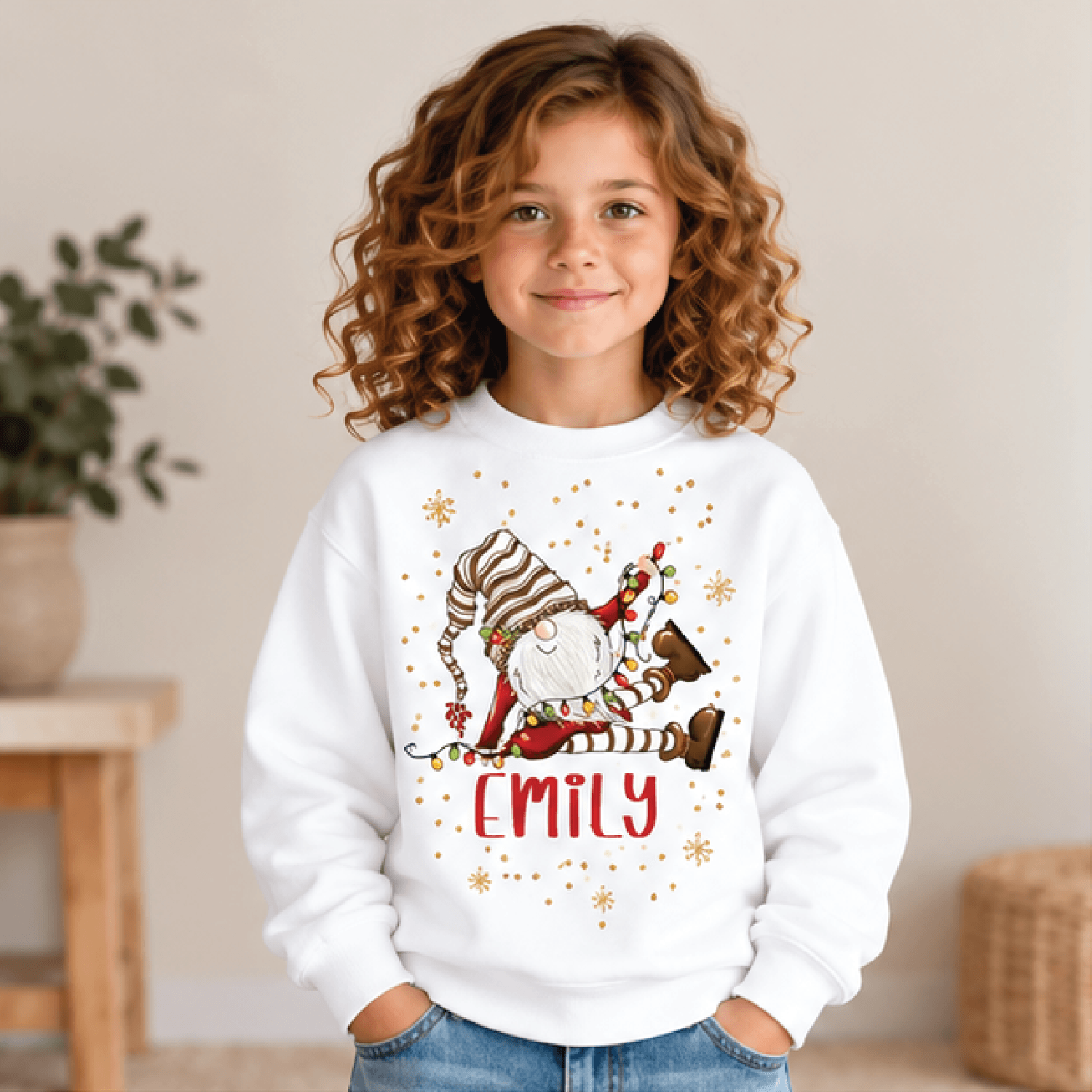 personalized christmas gnome sweatshirt, kids youth unisex custom name crewneck, funny holiday gnome lights winter sweat