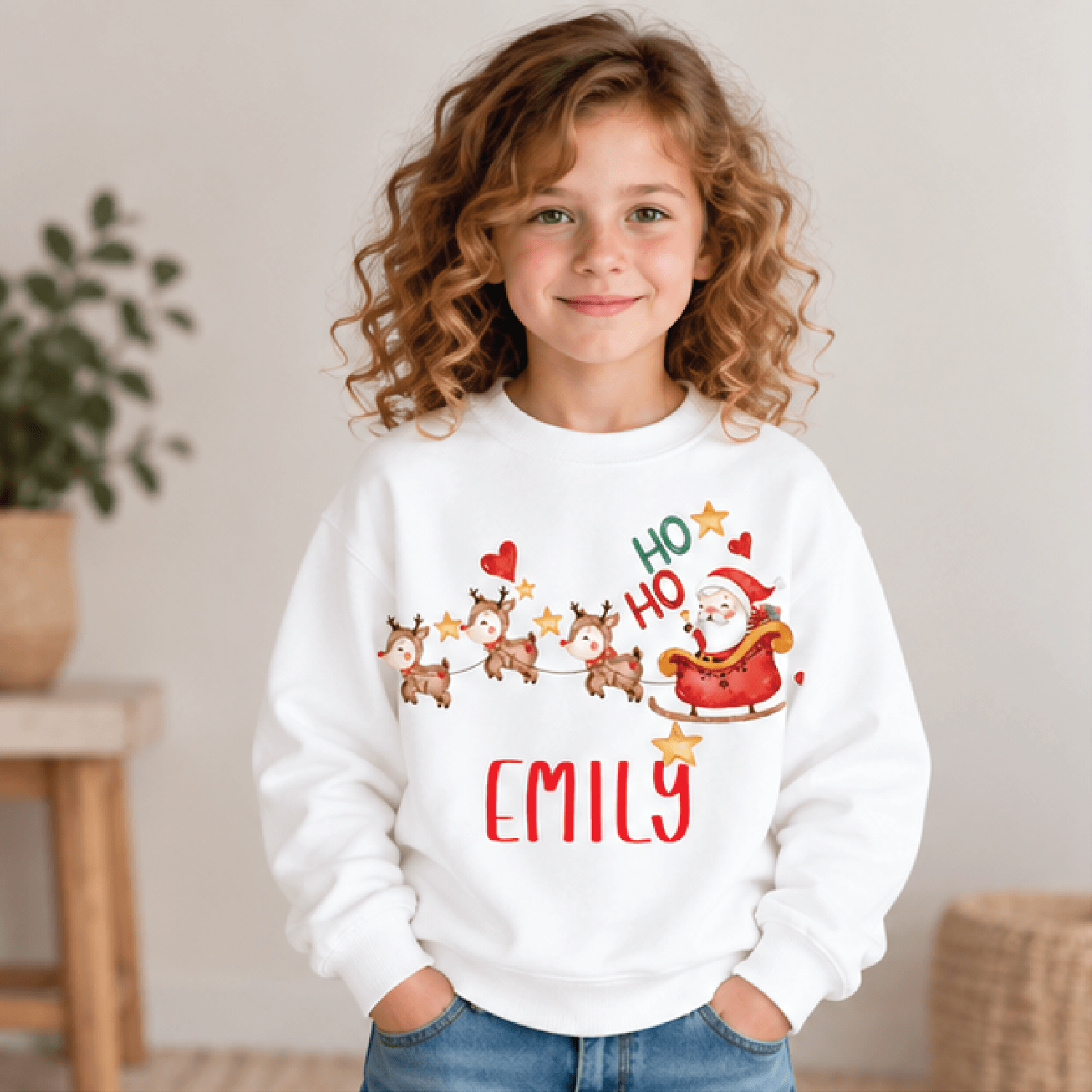 personalized santa sleigh christmas sweatshirt, kids youth unisex custom name crewneck, reindeer ho ho ho holiday sweate