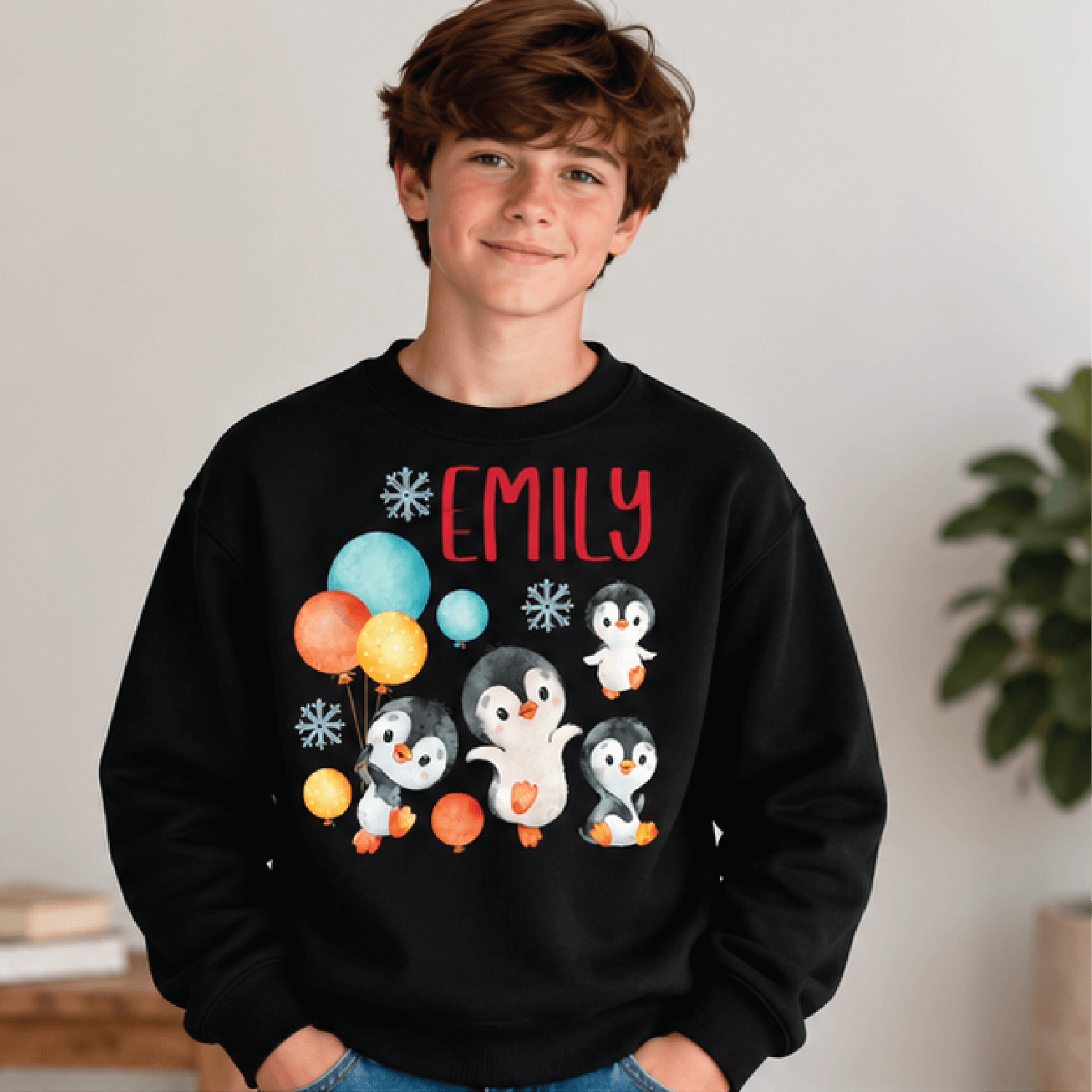 personalized penguin winter sweatshirt, kids youth unisex custom name crewneck, cute penguin balloons snowflake holiday