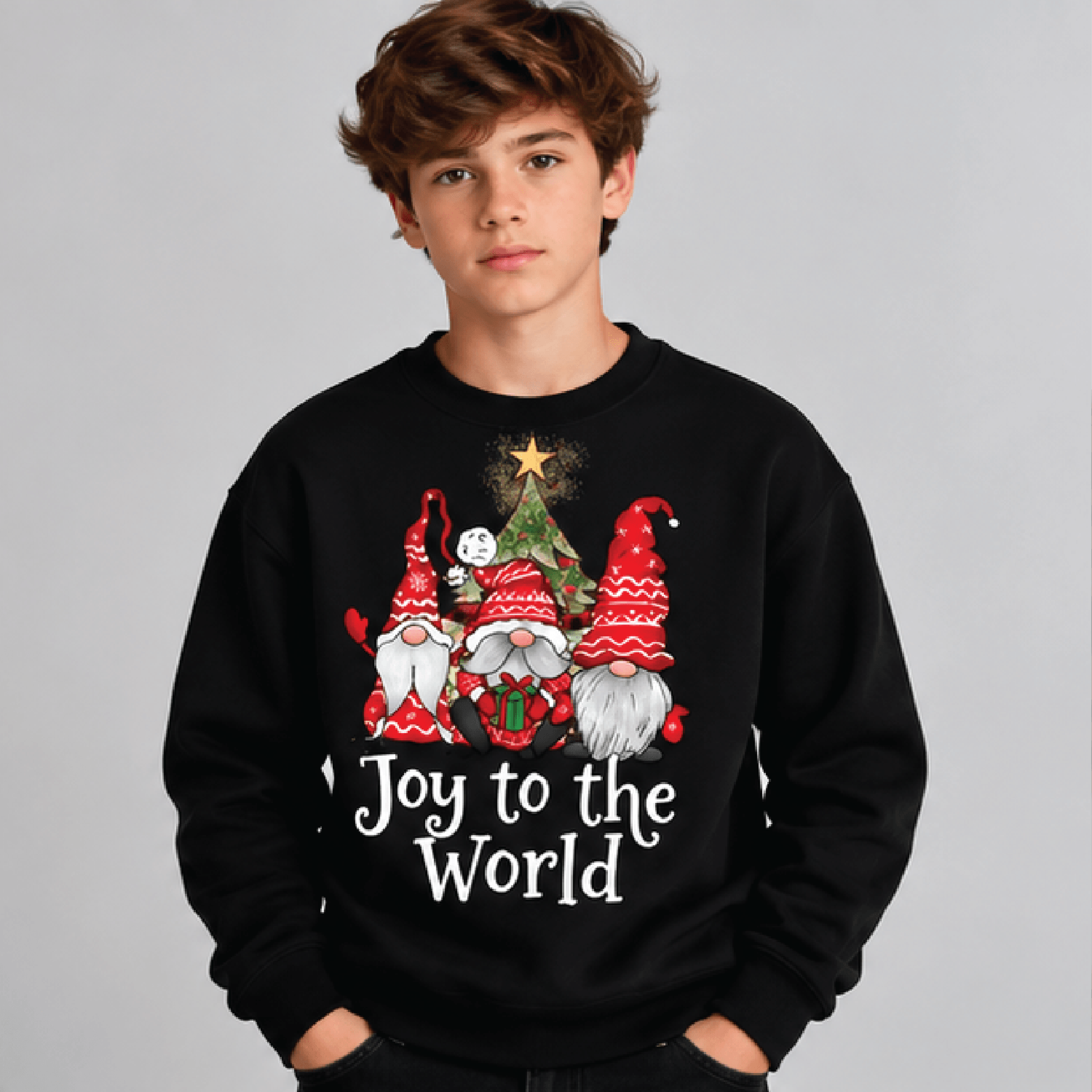 joy to the world christmas gnome sweatshirt, kids youth unisex holiday crewneck, cute festive gnomes christmas tree