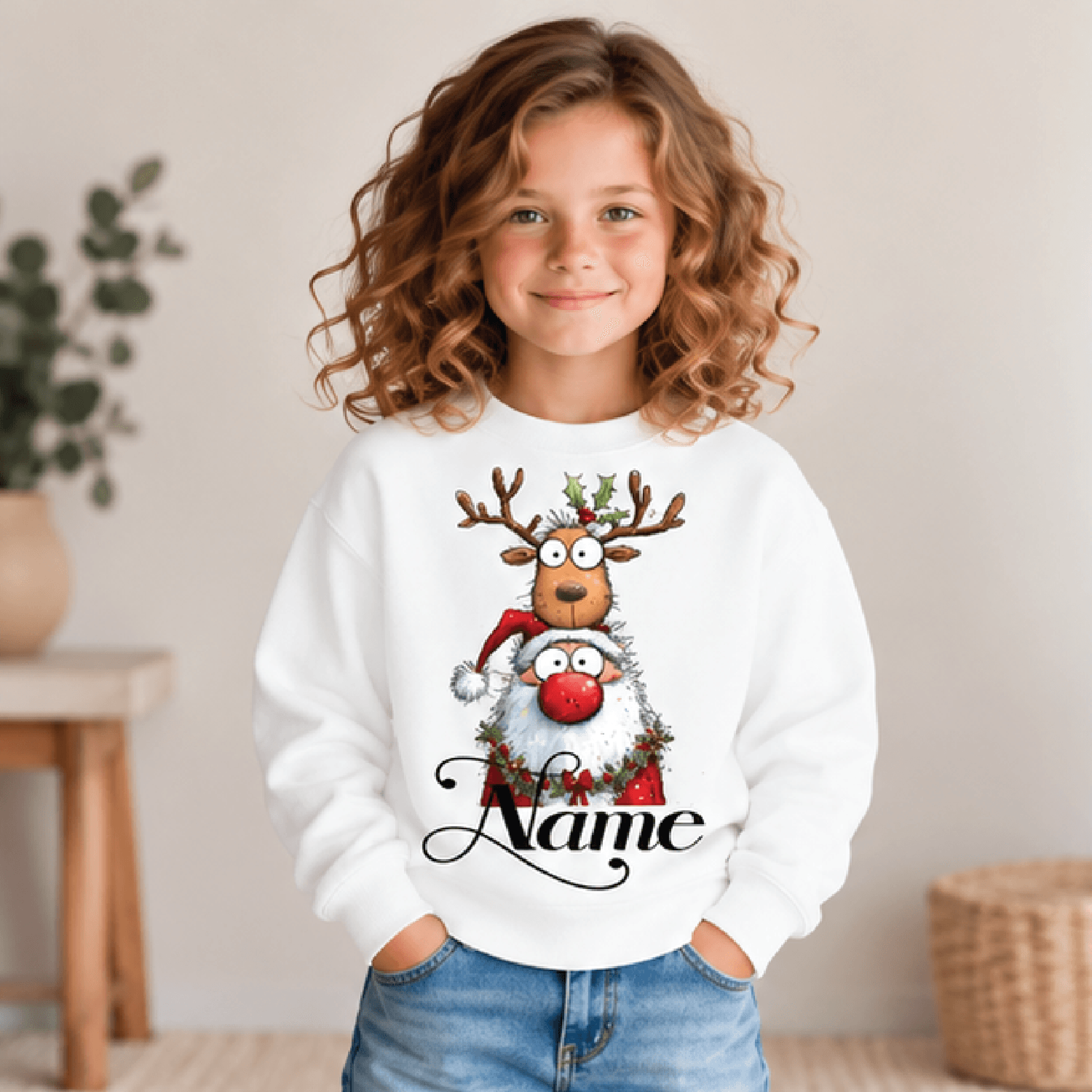 personalized santa reindeer christmas sweatshirt, kids youth unisex custom name crewneck, funny holiday reindeer sweater