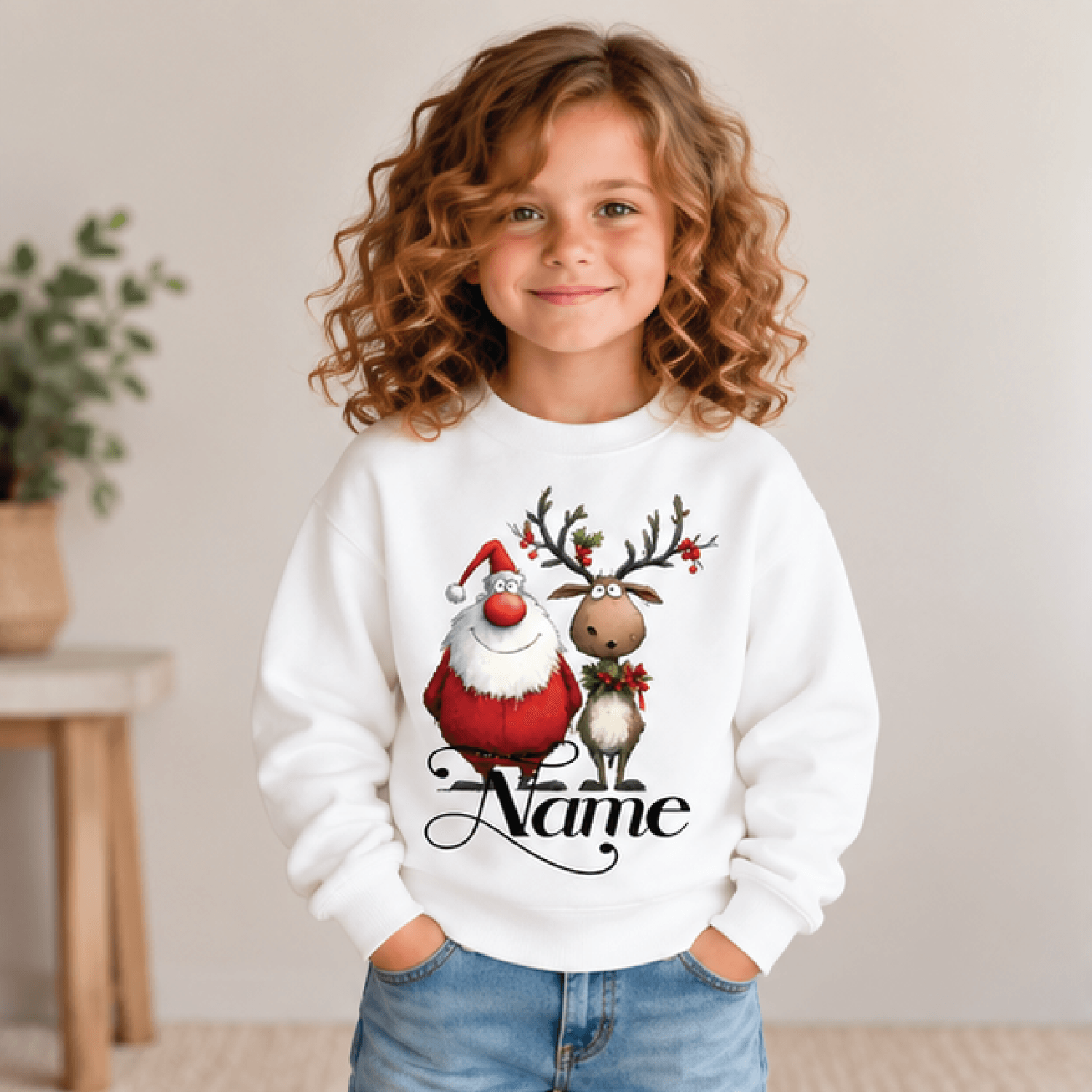personalized santa and reindeer christmas sweatshirt, kids youth unisex custom name crewneck, cute holiday sweater gift