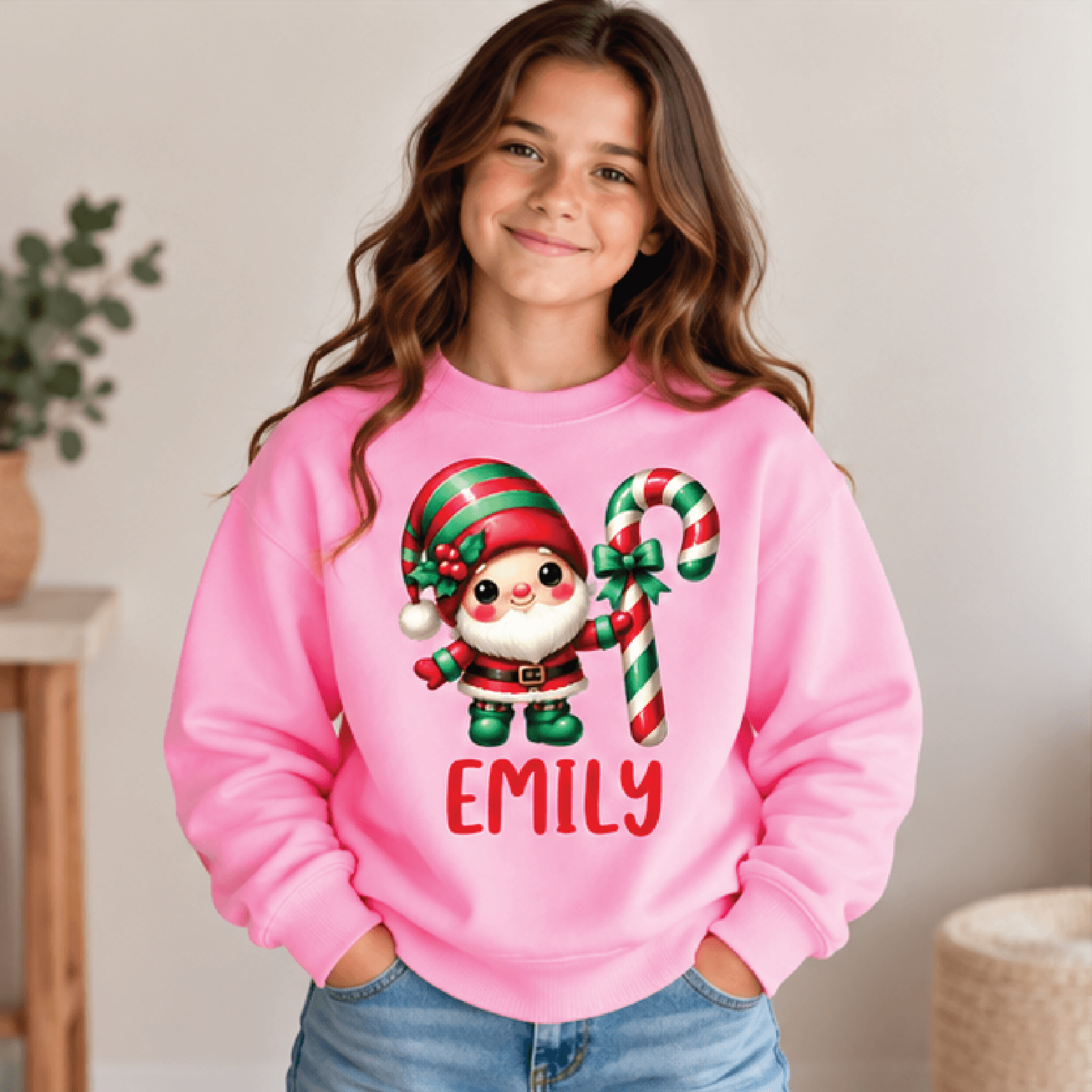 personalized christmas gnome candy cane sweatshirt, kids youth unisex custom name crewneck, cute holiday gnome sweater g