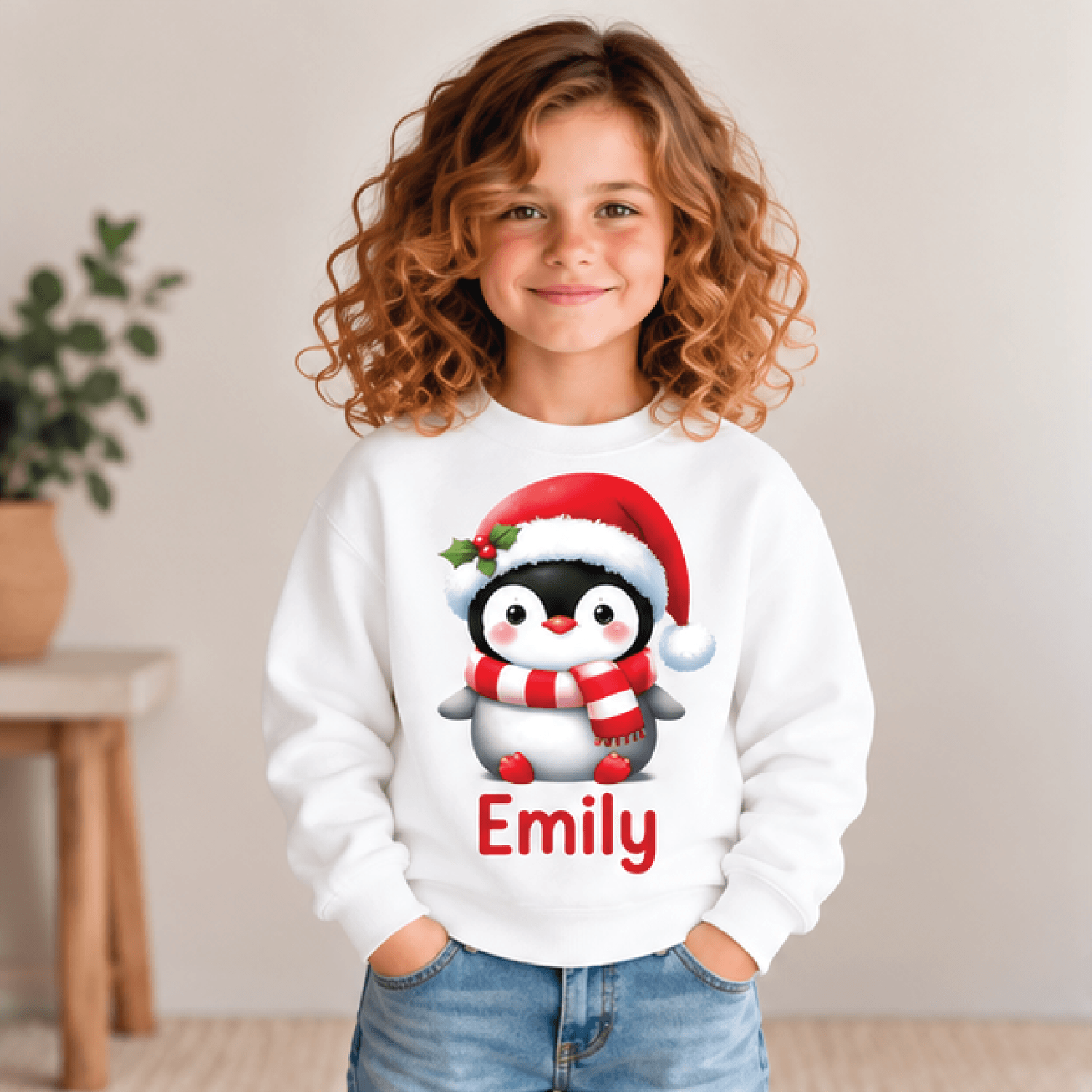 personalized christmas penguin sweatshirt, kids youth unisex custom name crewneck, cute santa penguin holiday winter