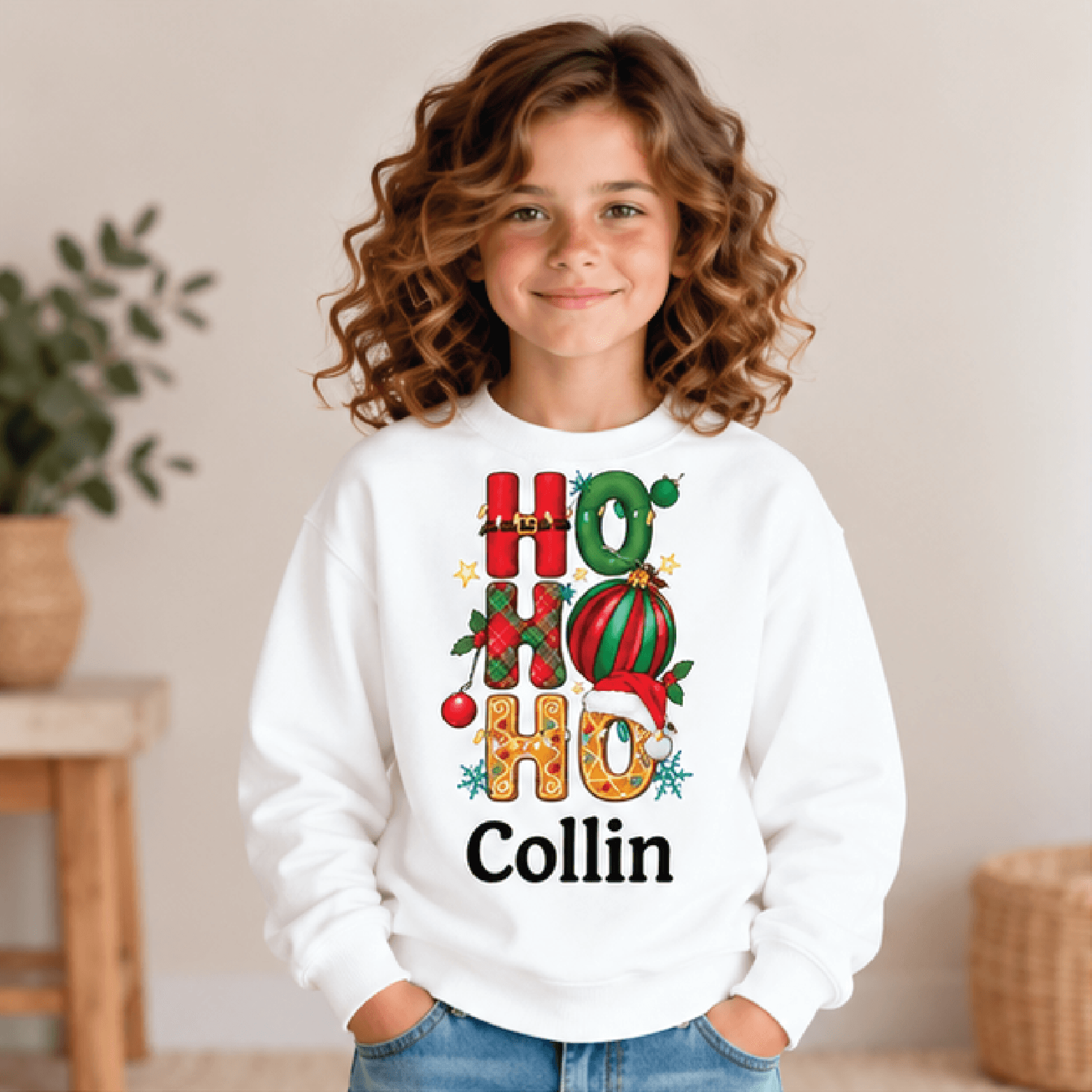 personalized ho ho ho christmas sweatshirt, kids youth unisex custom name crewneck, festive holiday ornament santa sweat