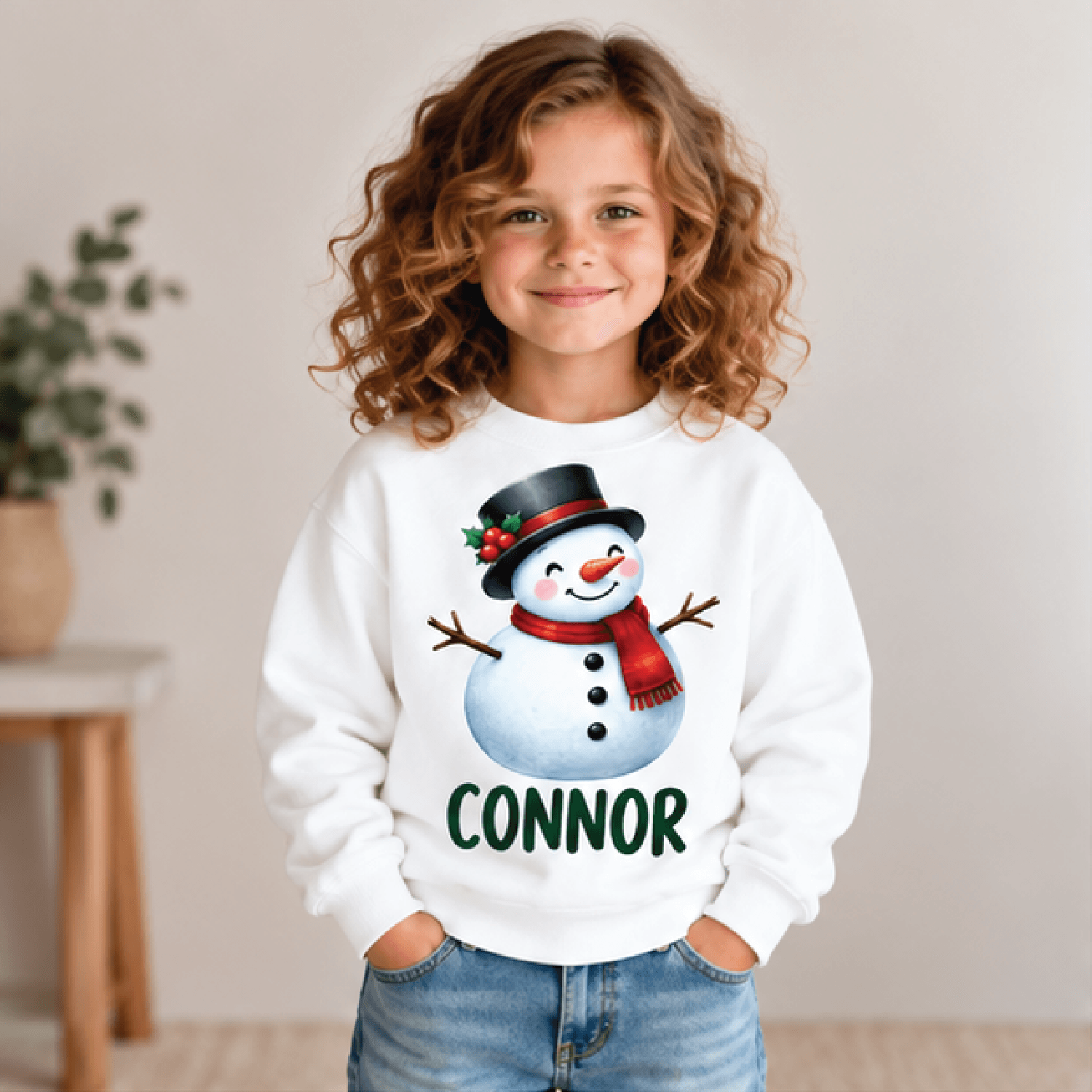 personalized snowman christmas sweatshirt, kids youth unisex custom name crewneck, cute snowman holiday winter sweater g