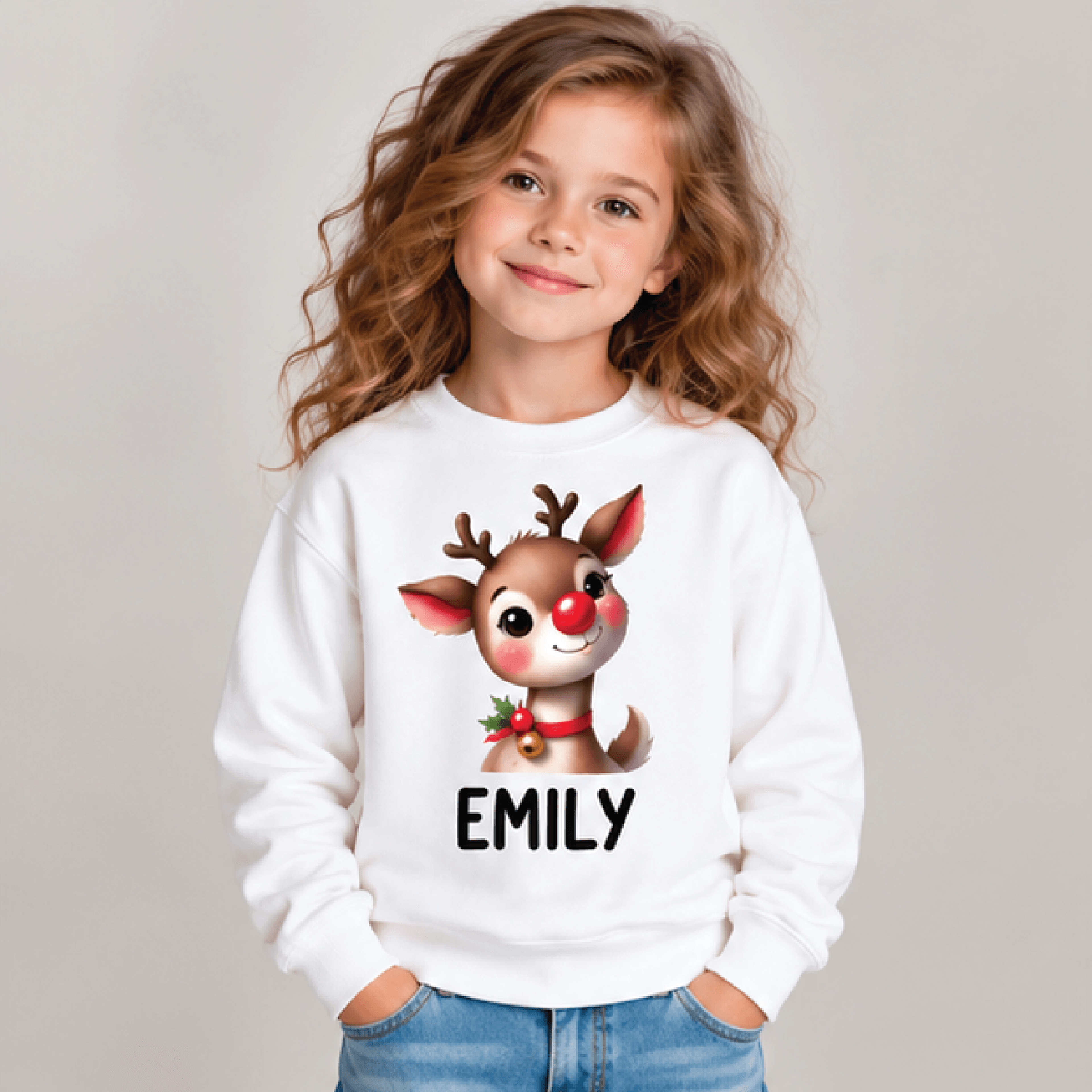 personalized reindeer christmas sweatshirt, kids youth unisex custom name crewneck, cute rudolph holiday winter sweater