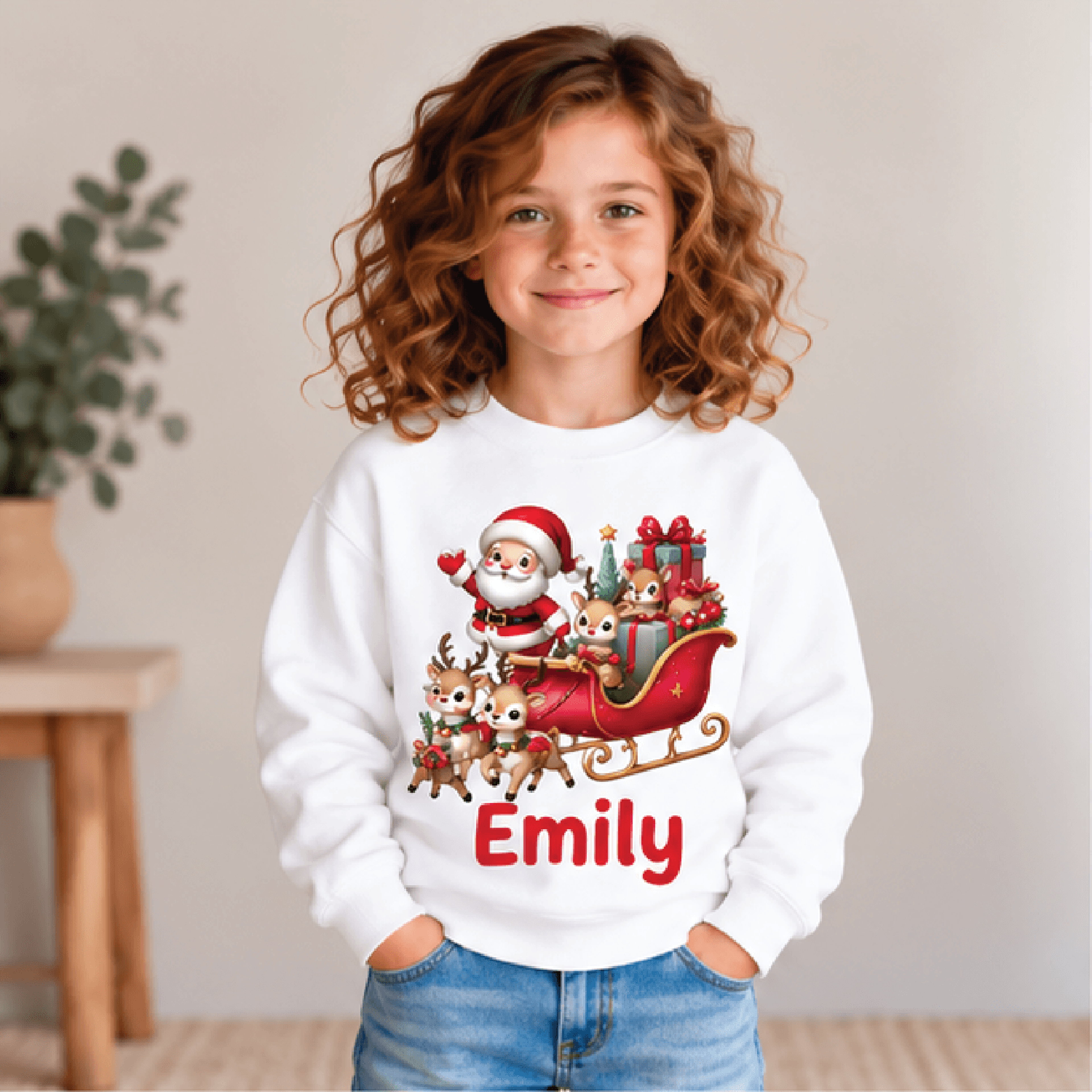 personalized santa sleigh christmas sweatshirt, kids youth unisex custom name crewneck, reindeer holiday sweater gift