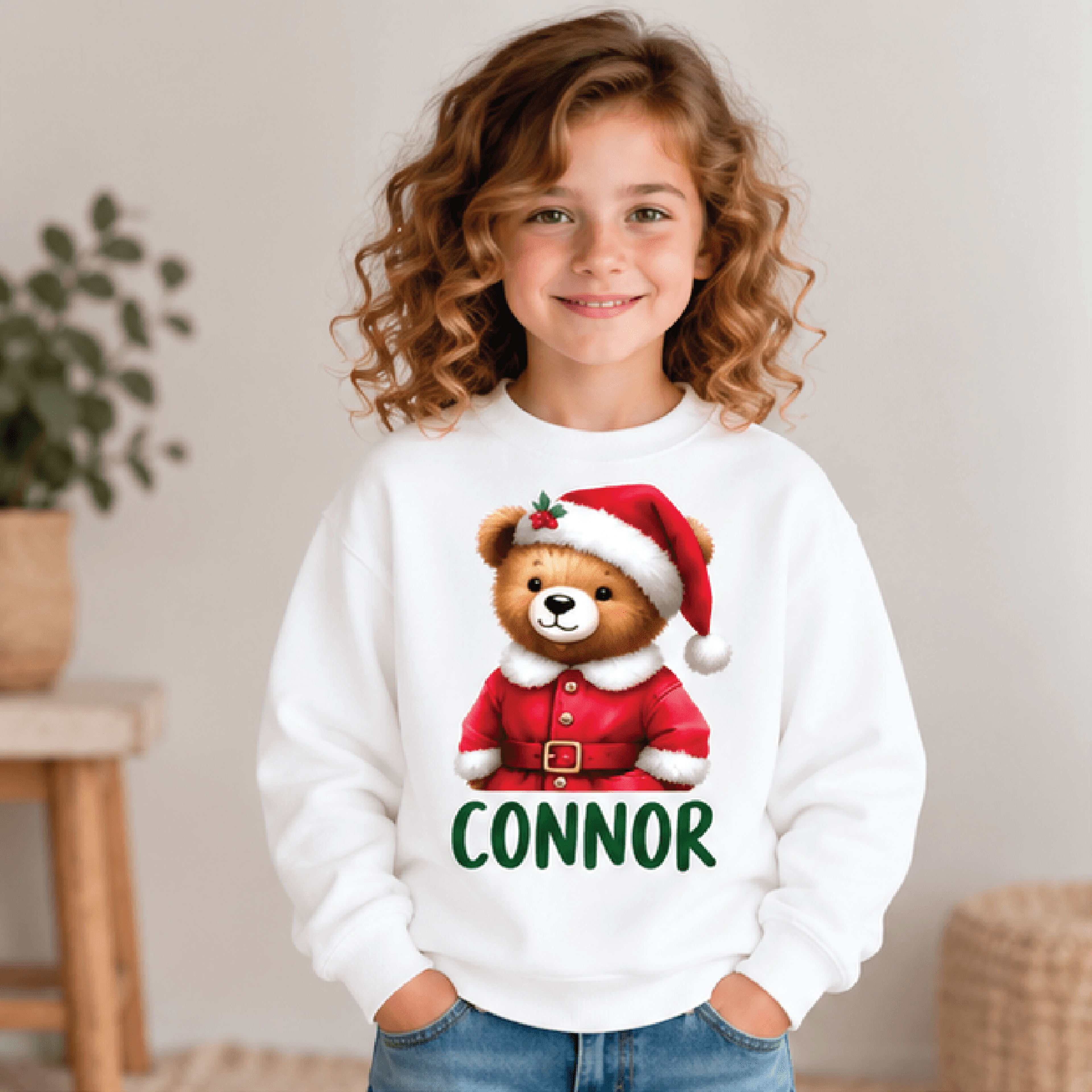personalized christmas bear sweatshirt, kids youth unisex custom name crewneck, cute santa teddy bear holiday sweater gi