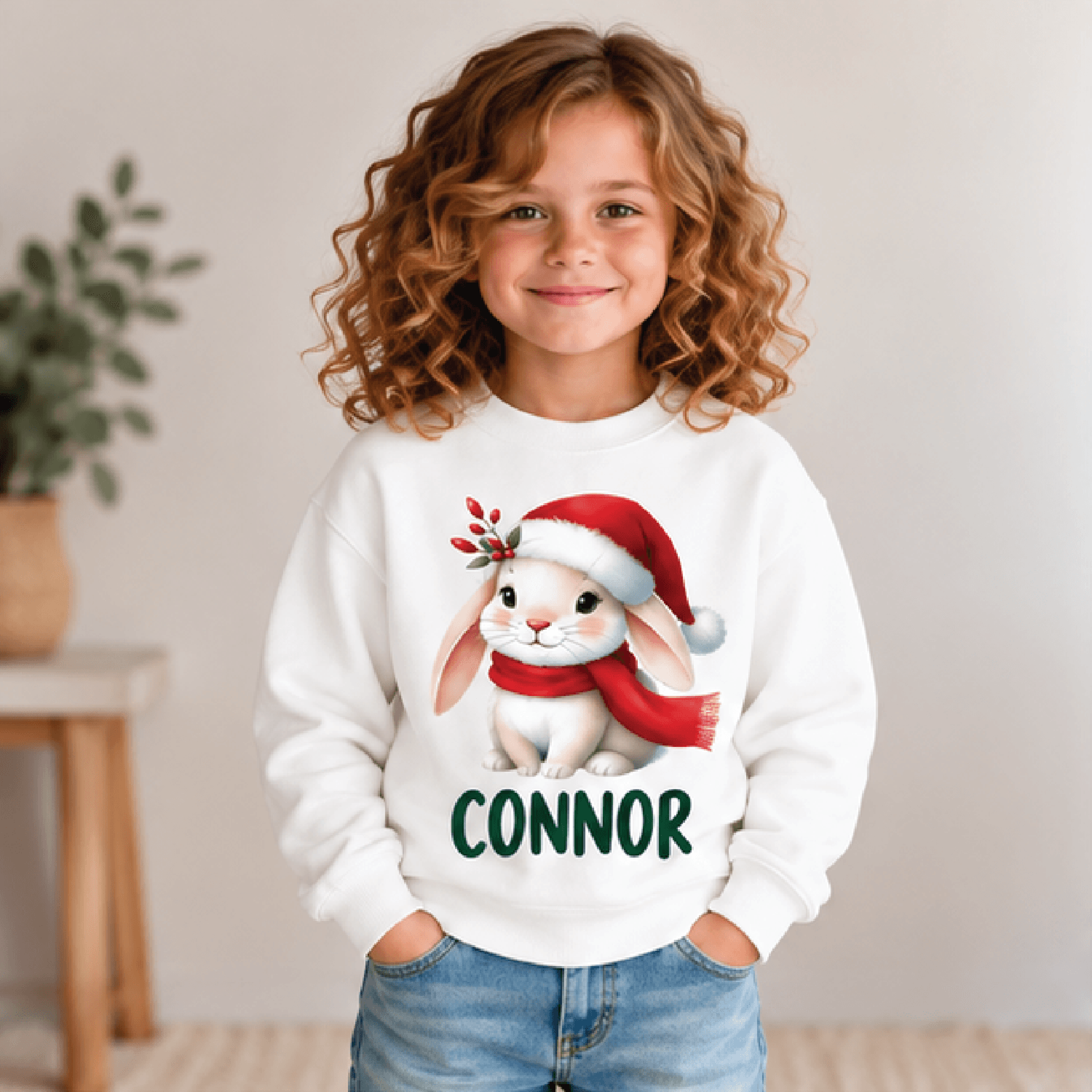 personalized christmas bunny sweatshirt, kids youth unisex custom name crewneck, cute santa rabbit holiday winter sweate